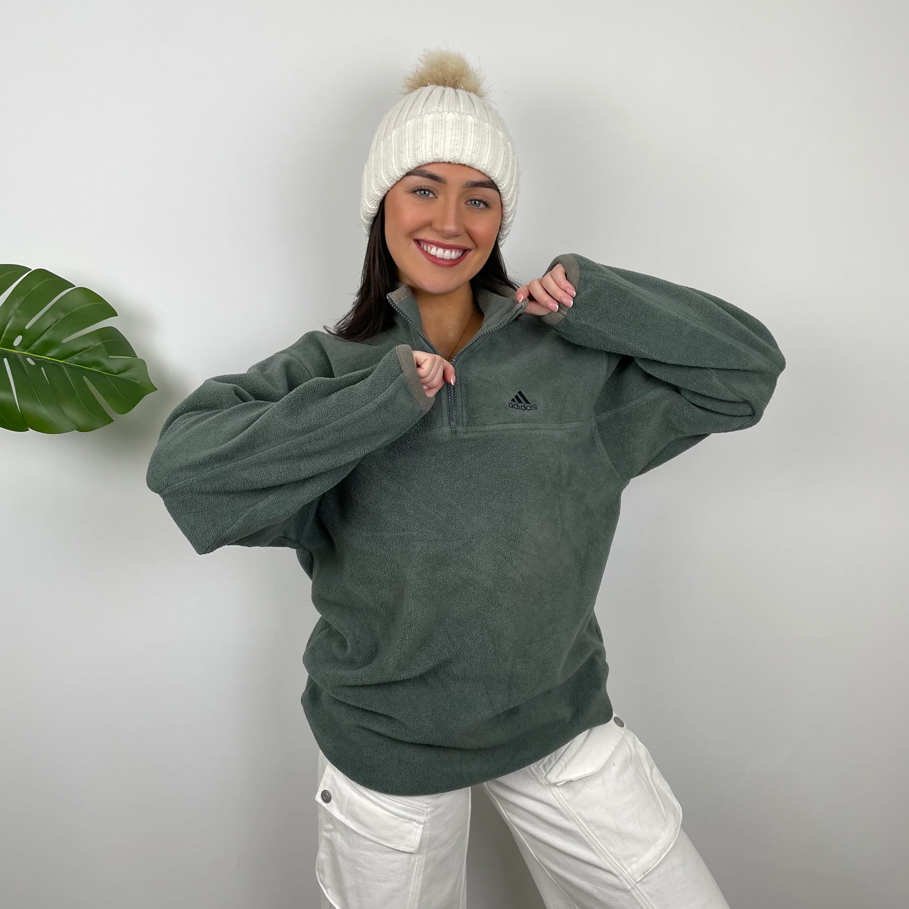 Adidas Green Embroidered Spell Out Fleece Quarter Zip Sweatshirt (XL) - Image 2