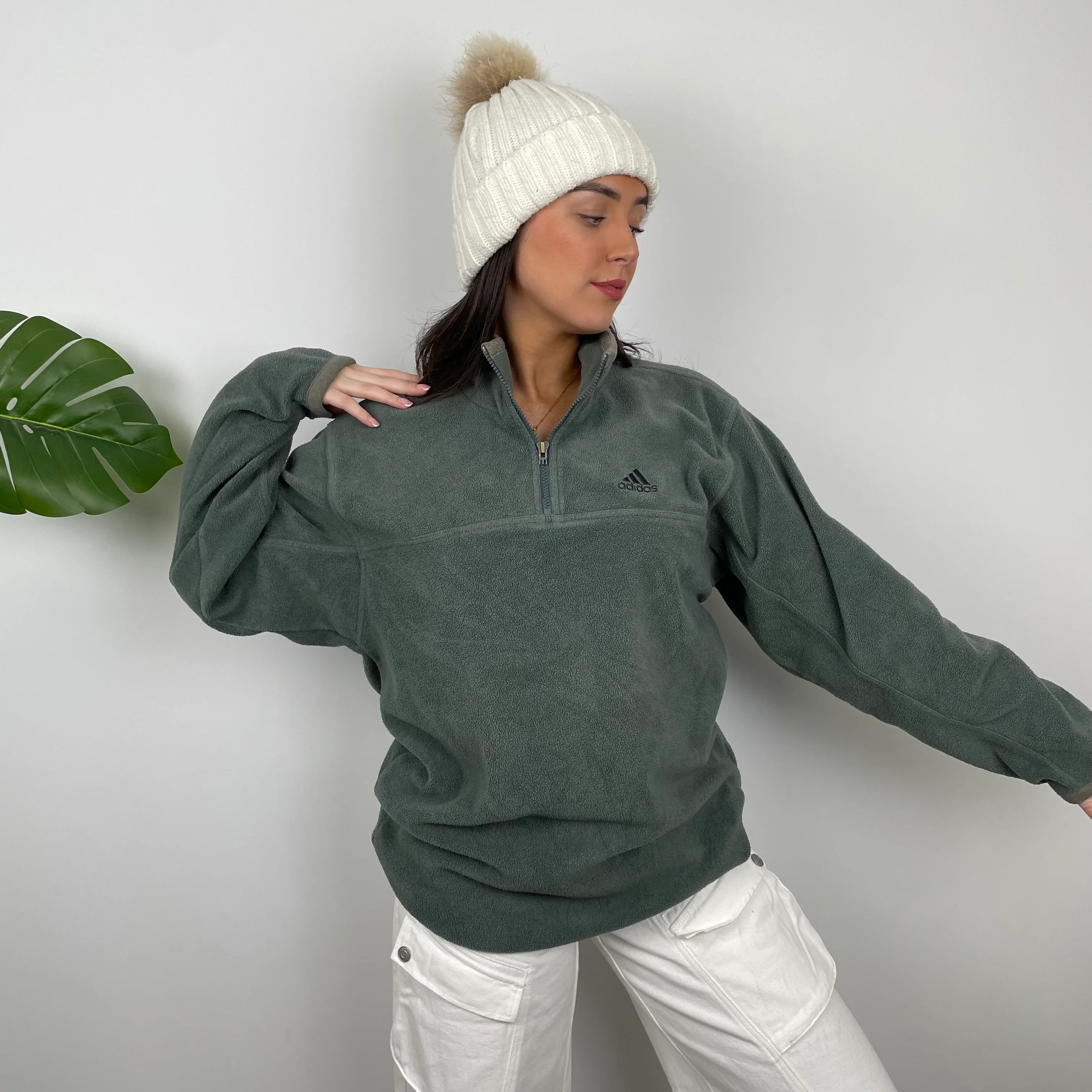 Adidas Green Embroidered Spell Out Fleece Quarter Zip Sweatshirt (XL) - Image 3