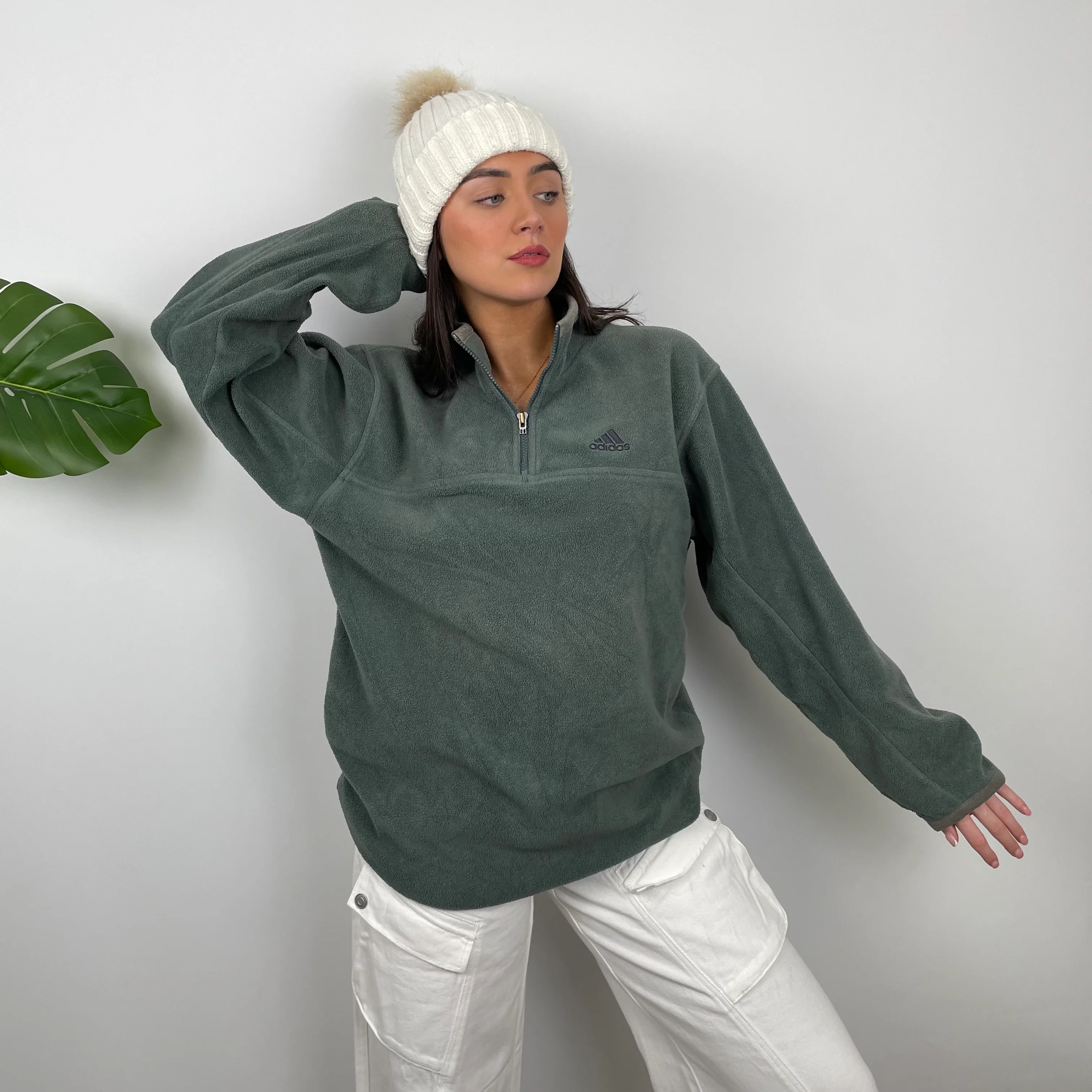 Adidas Green Embroidered Spell Out Fleece Quarter Zip Sweatshirt (XL) - Image 5