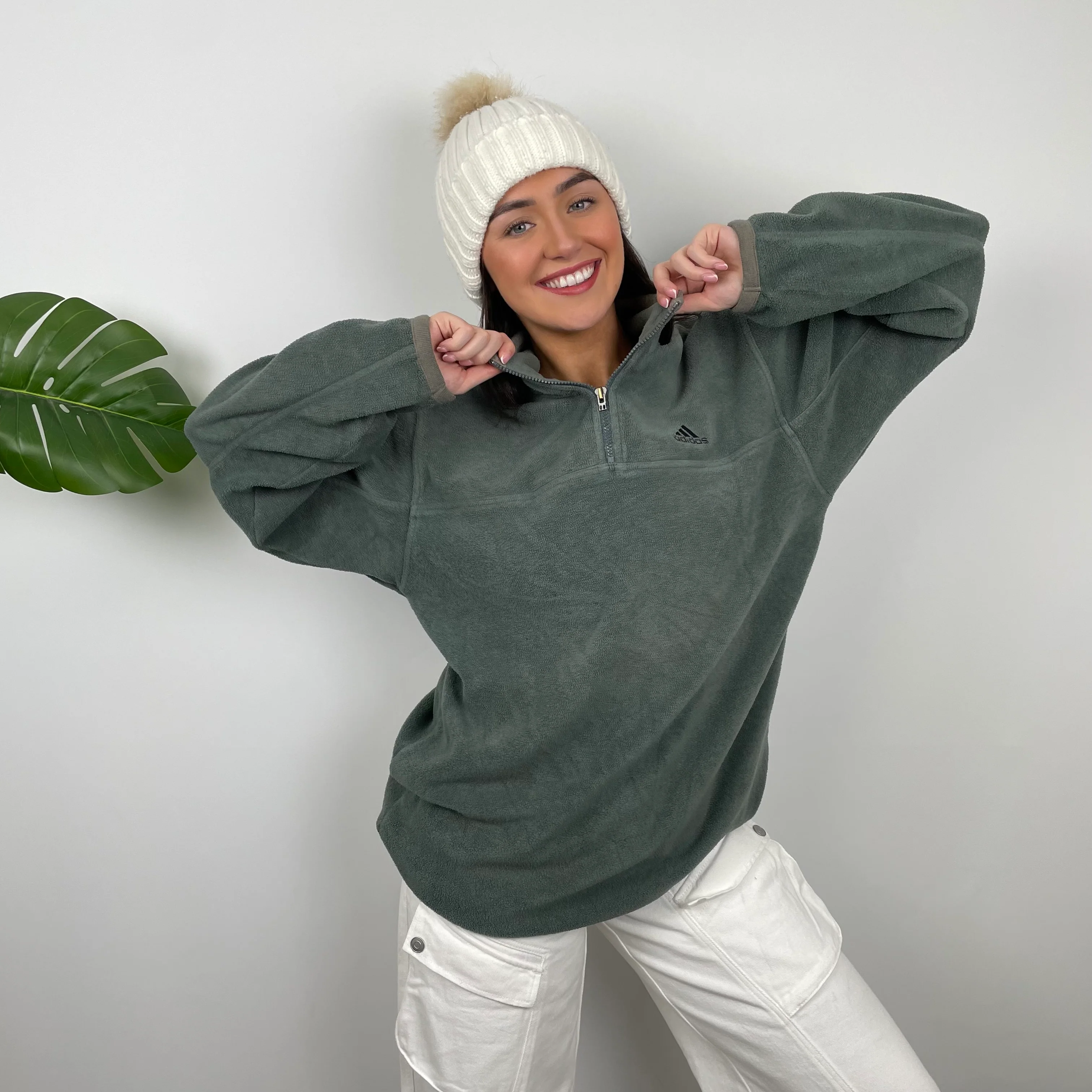 Adidas Green Embroidered Spell Out Fleece Quarter Zip Sweatshirt (XL) - Image 6