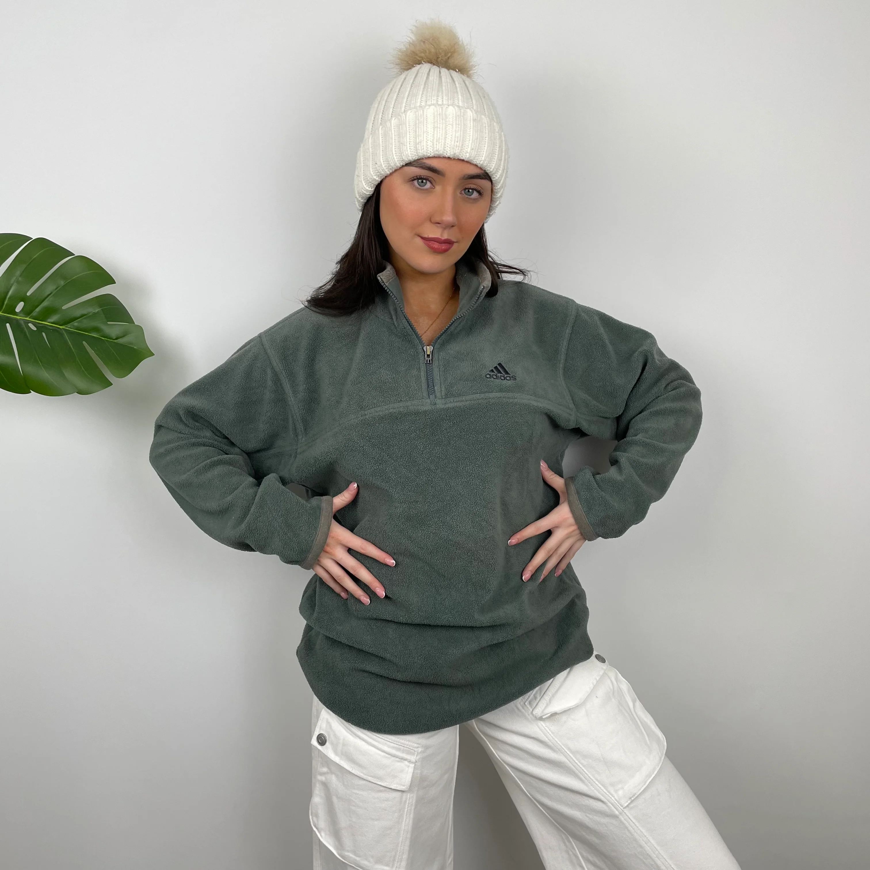 Adidas Green Embroidered Spell Out Fleece Quarter Zip Sweatshirt (XL) - Image 7
