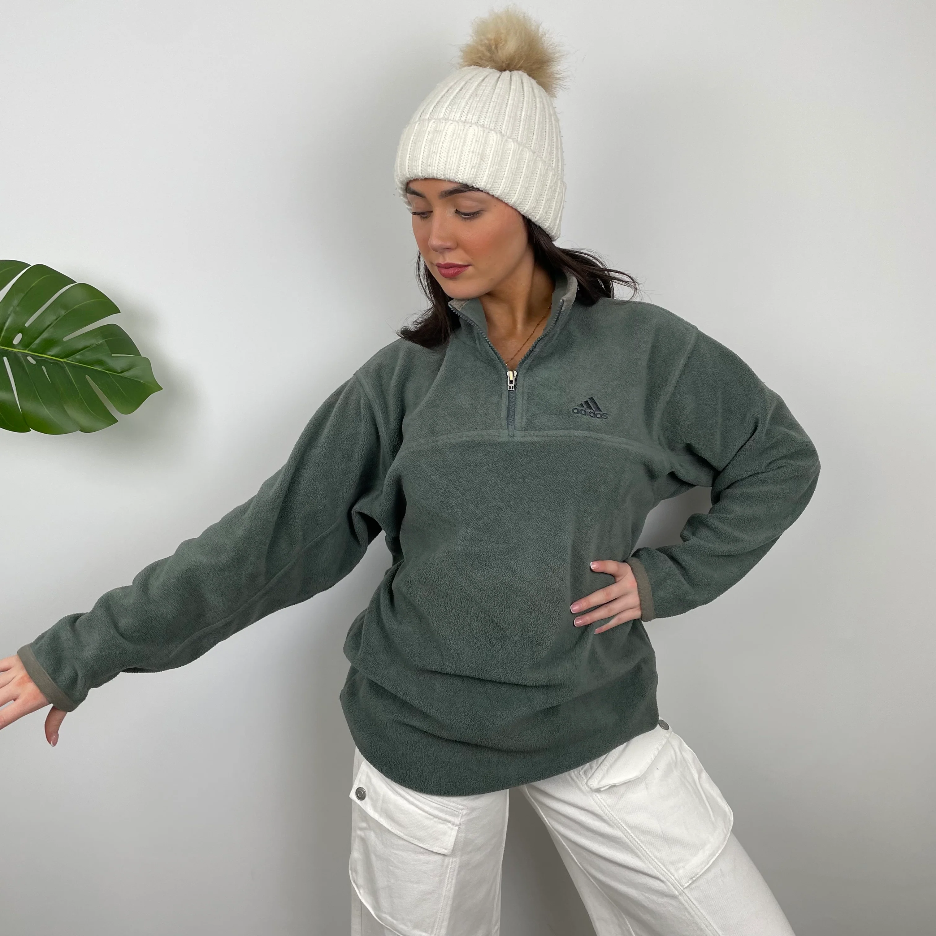 Adidas Green Embroidered Spell Out Fleece Quarter Zip Sweatshirt (XL) - Image 8