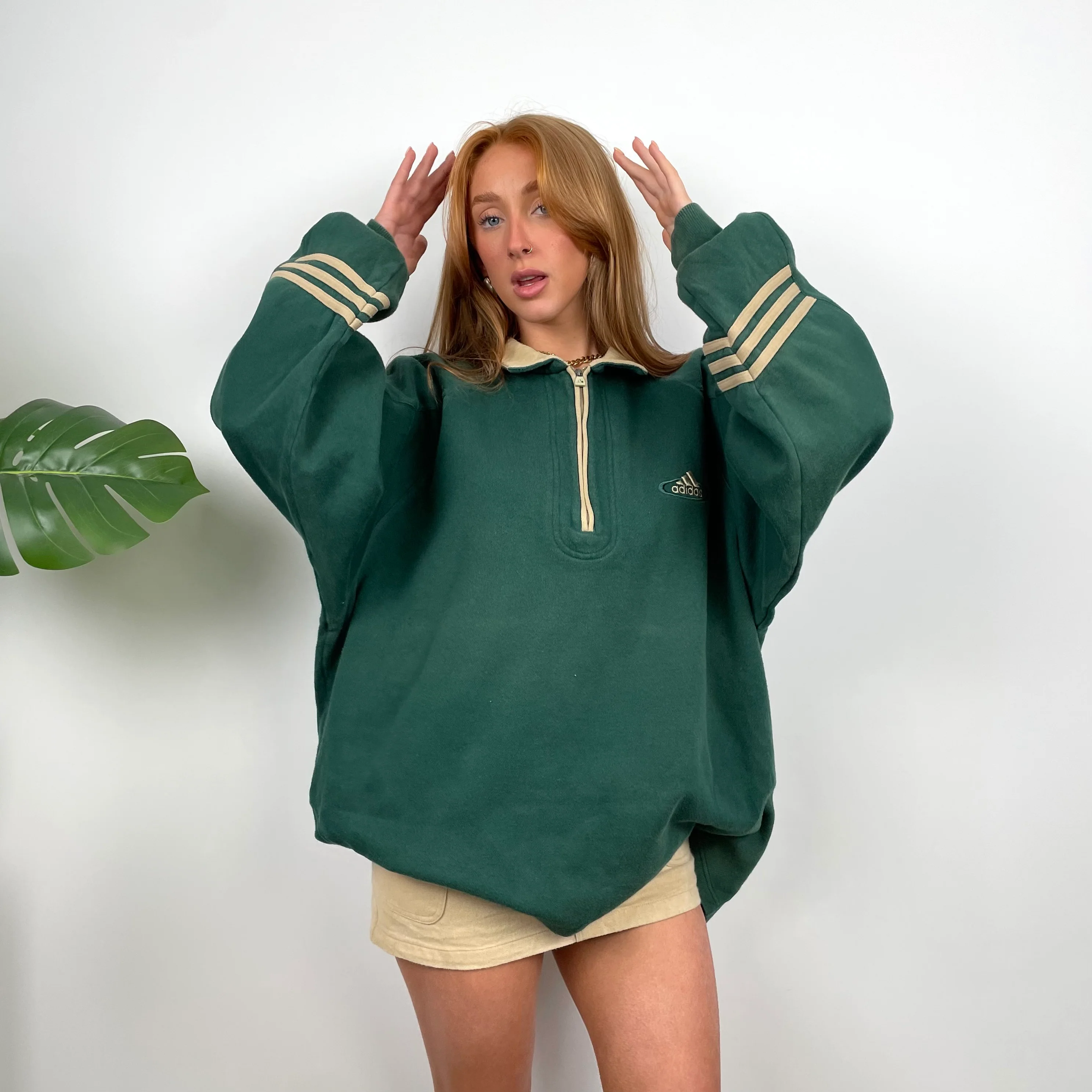 Adidas Green Embroidered Spell Out Quarter Zip Sweatshirt (L) - Image 2