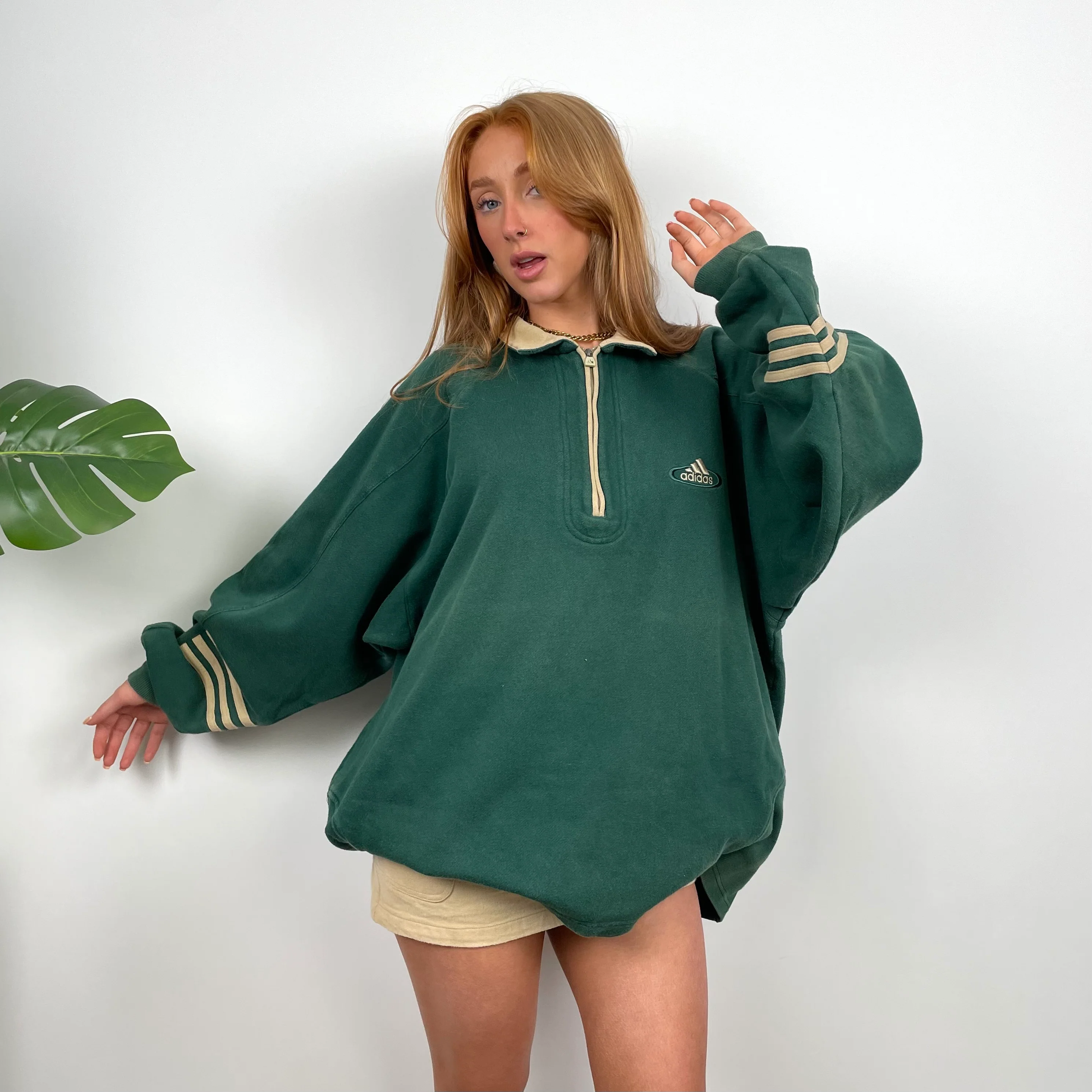 Adidas Green Embroidered Spell Out Quarter Zip Sweatshirt (L) - Image 5