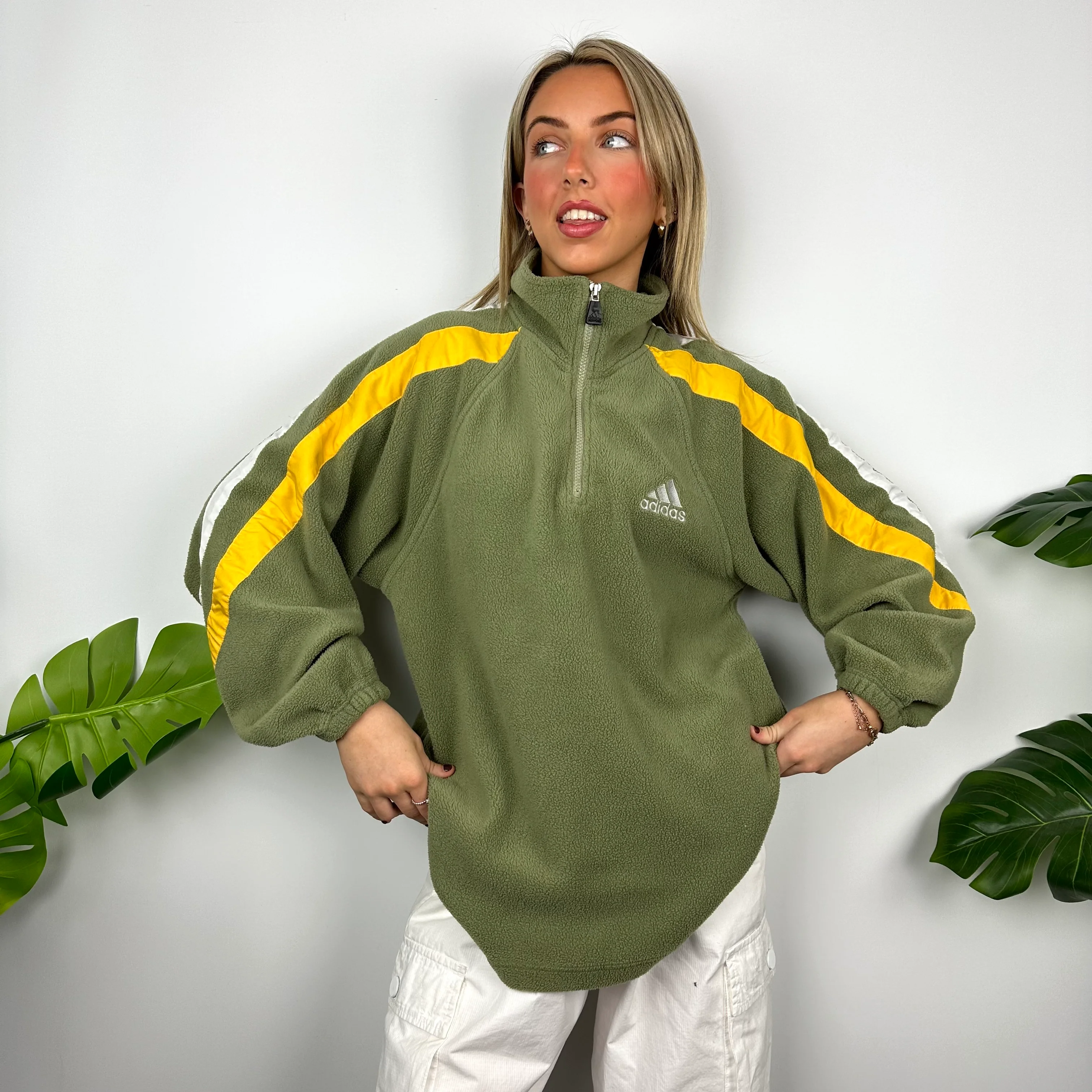 Adidas Green Embroidered Spell Out Teddy Bear Fleece Quarter Zip Sweatshirt (XL) - Image 3