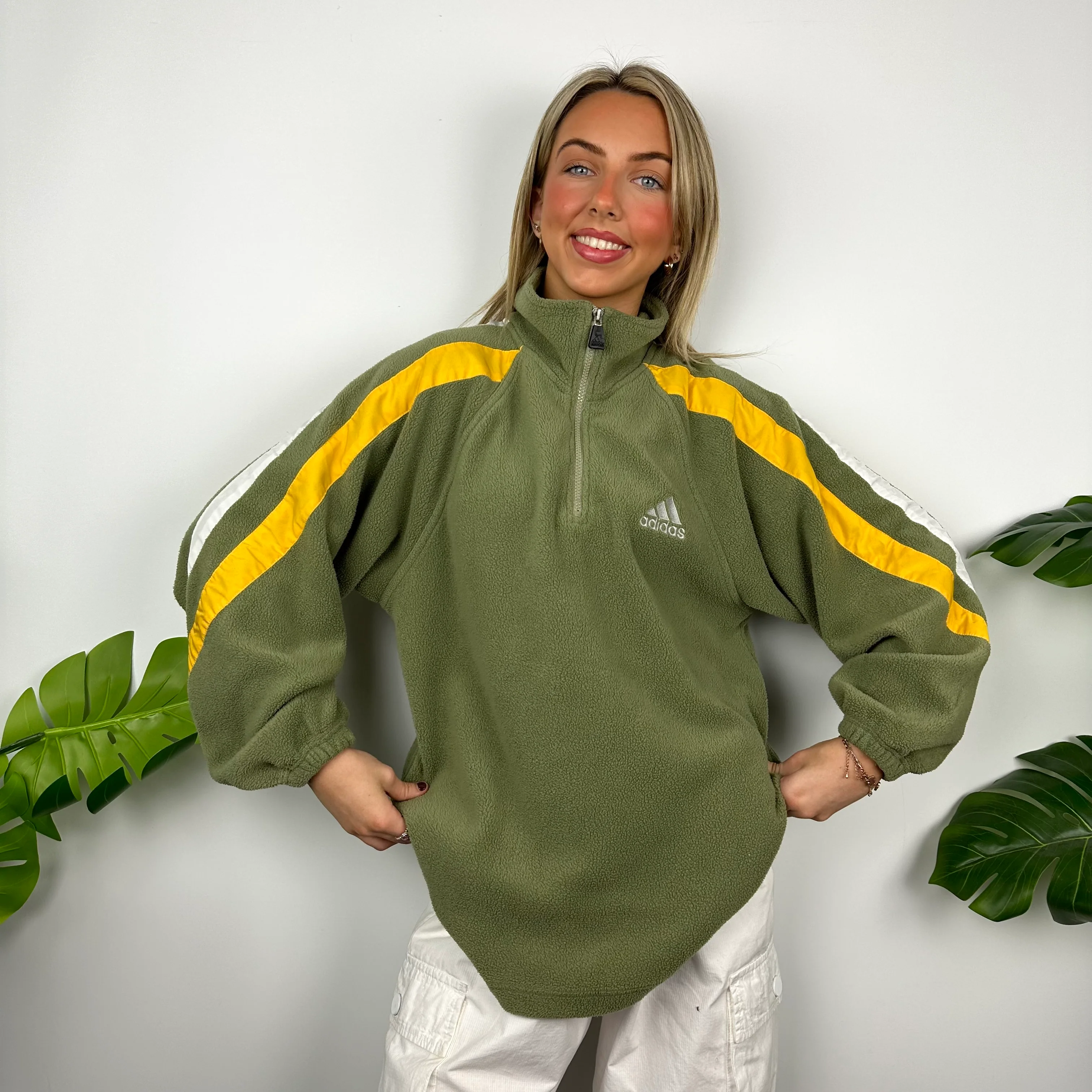 Adidas Green Embroidered Spell Out Teddy Bear Fleece Quarter Zip Sweatshirt (XL) - Image 5