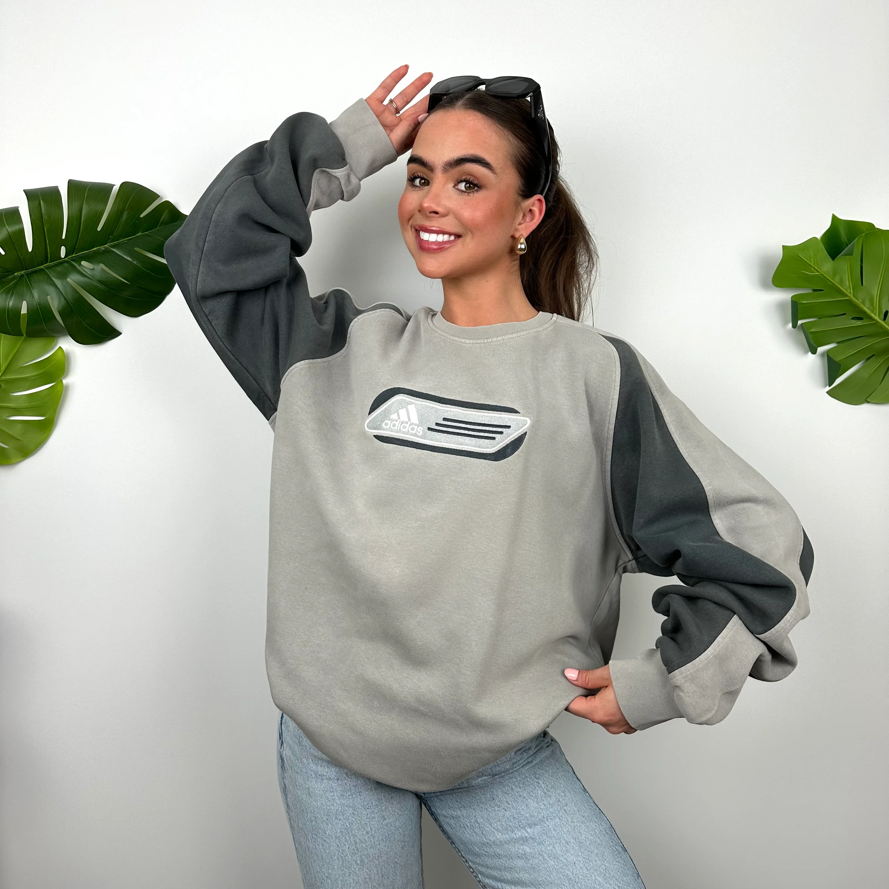 Adidas Grey Embroidered Spell Out Sweatshirt (L) - Image 2
