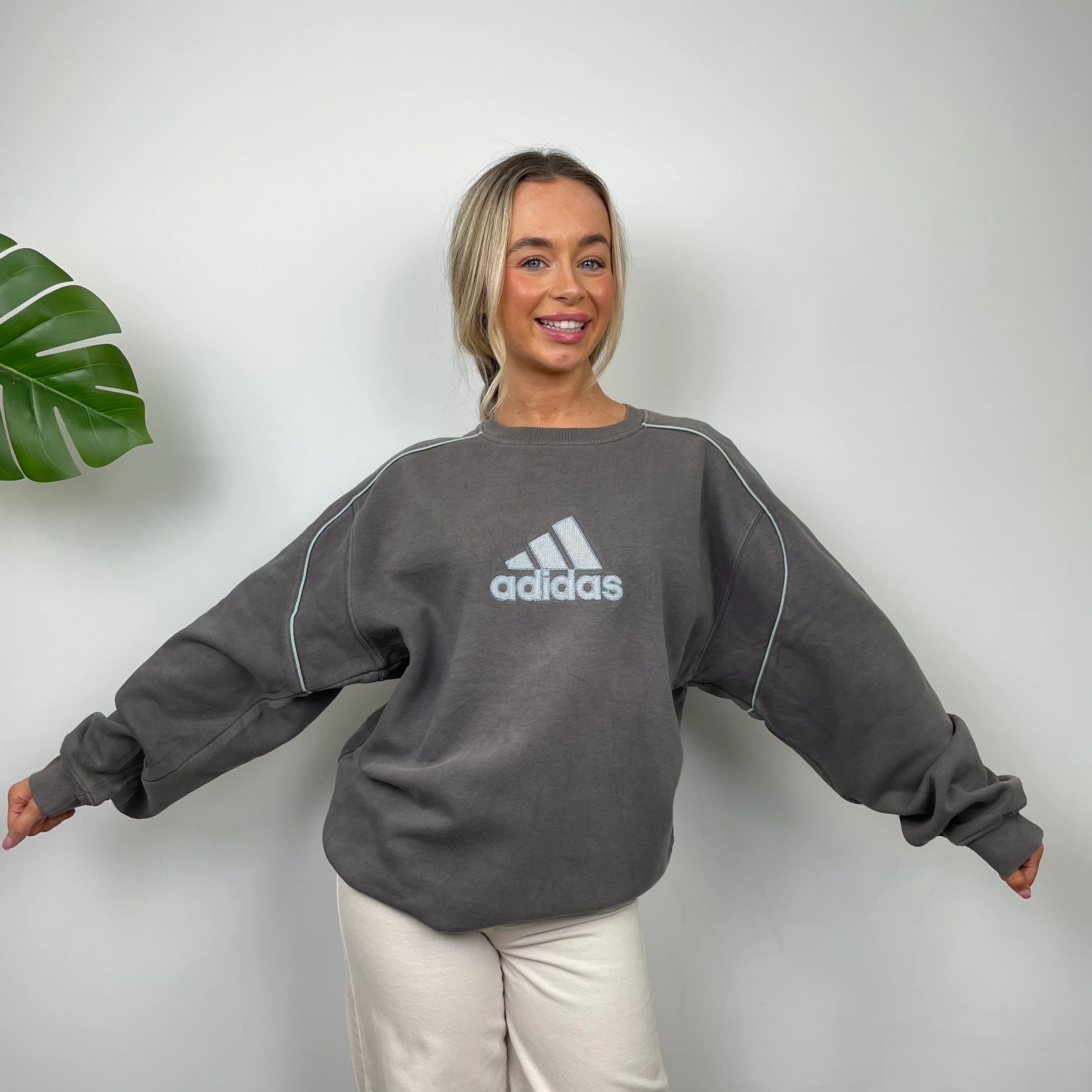Adidas Grey Embroidered Spell Out Sweatshirt (L) - Image 2