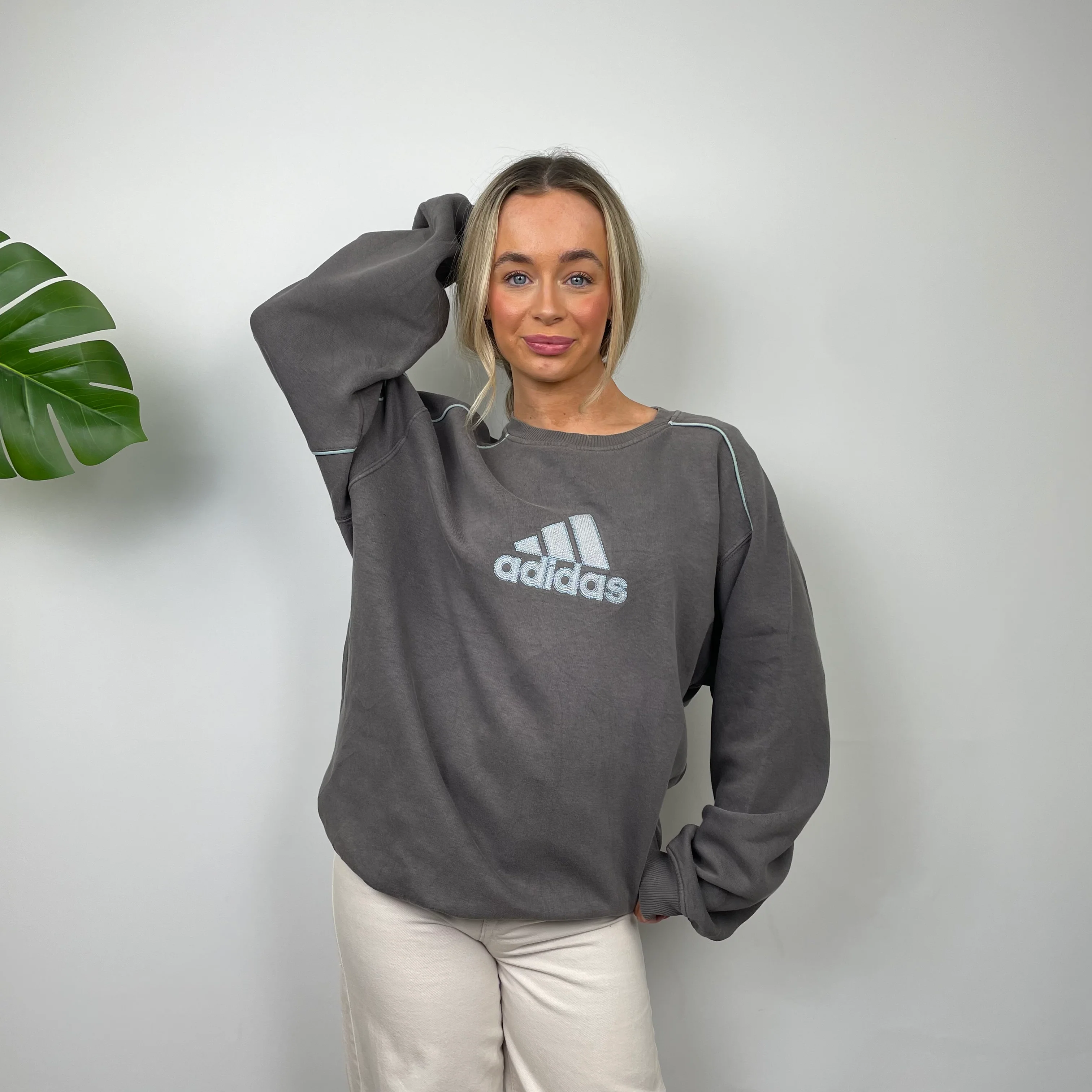 Adidas Grey Embroidered Spell Out Sweatshirt (L) - Image 3