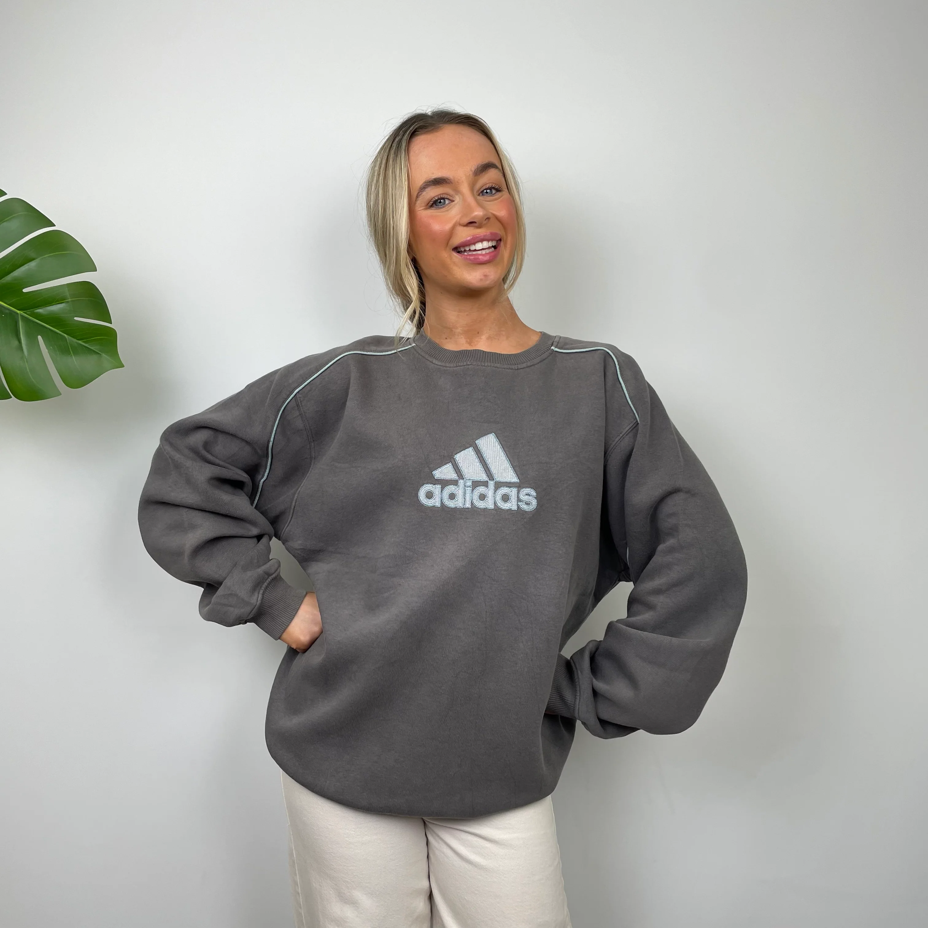 Adidas Grey Embroidered Spell Out Sweatshirt (L) - Image 5