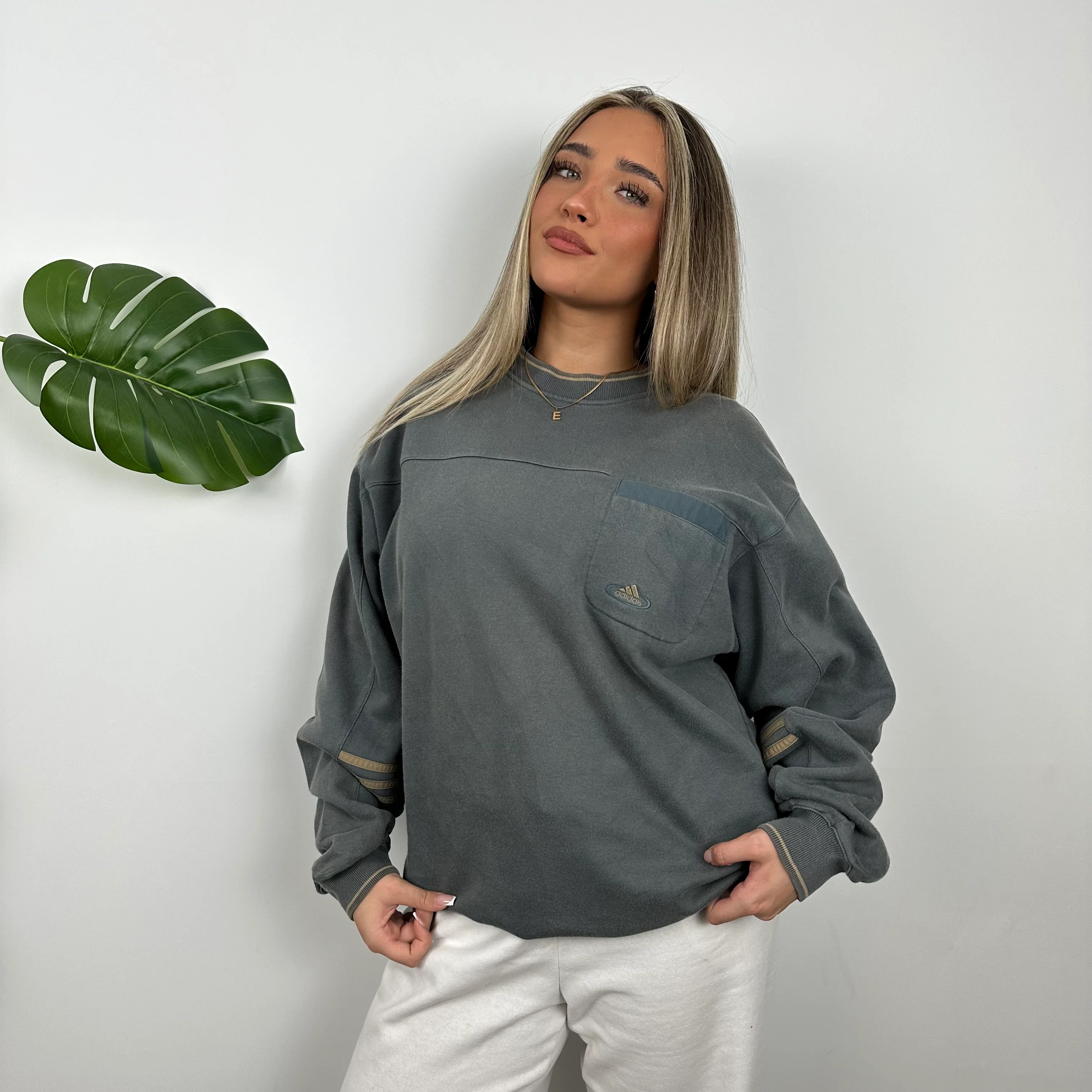 Adidas Grey Embroidered Spell Out Sweatshirt (M) - Image 2