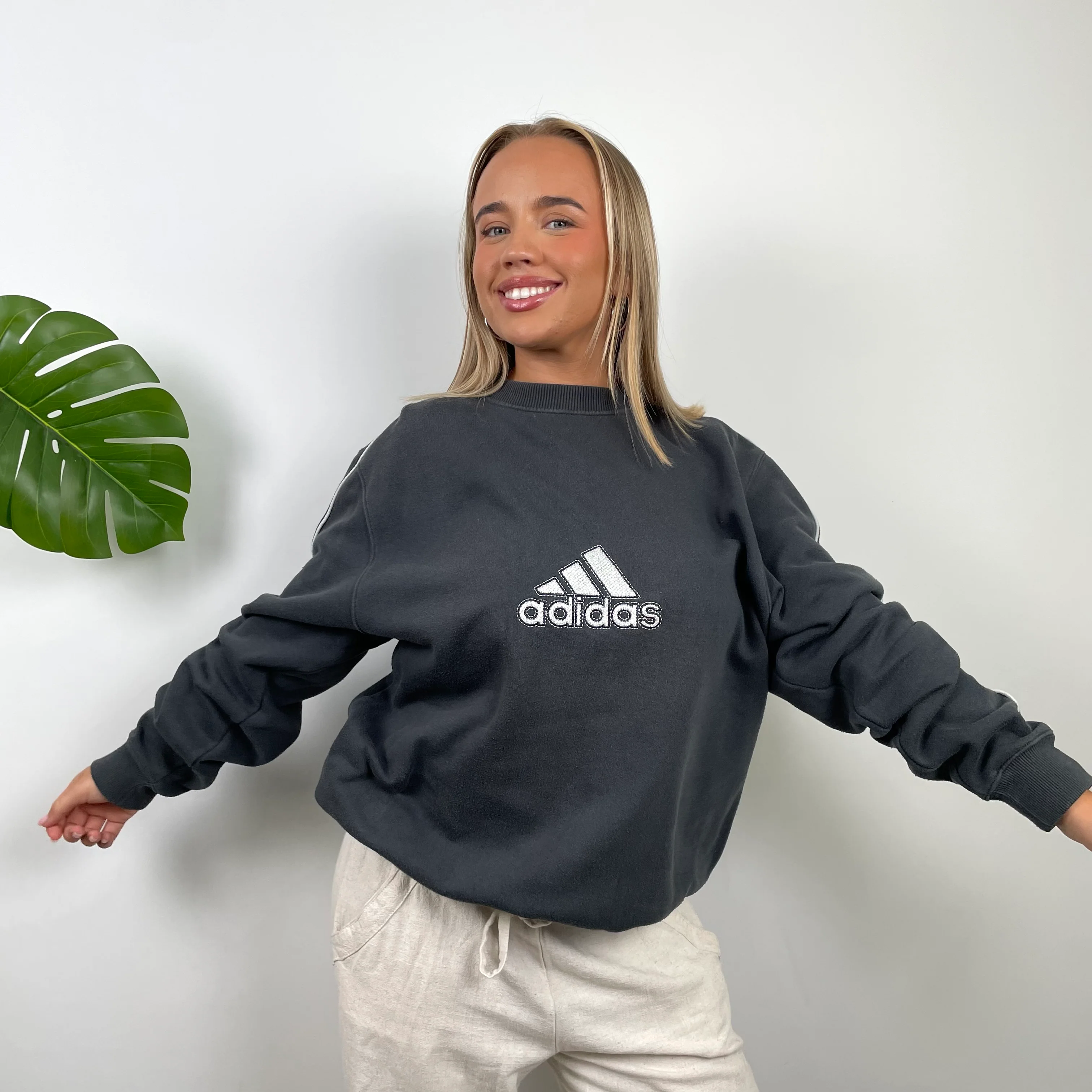 Adidas Grey Embroidered Spell Out Sweatshirt (L) - Image 2