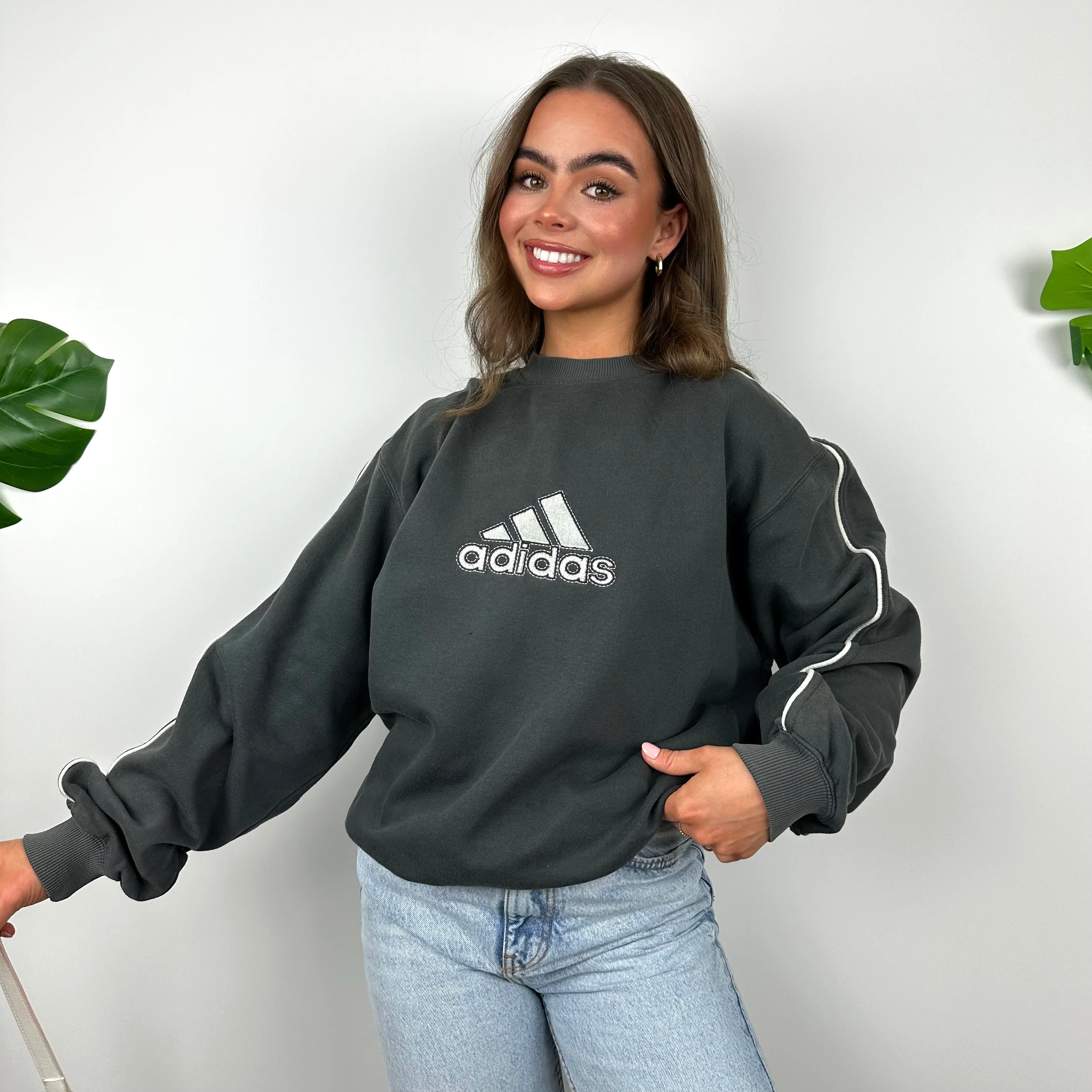 Adidas Grey Embroidered Spell Out Sweatshirt (M) - Image 2
