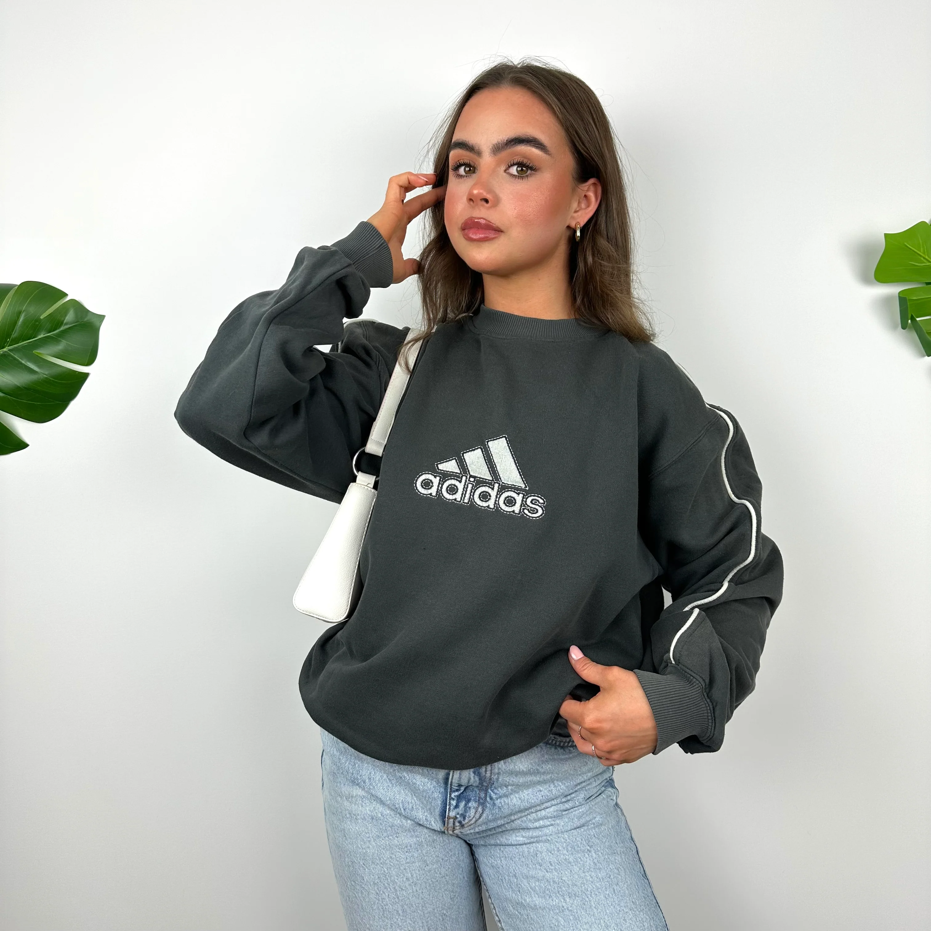 Adidas Grey Embroidered Spell Out Sweatshirt (M) - Image 3