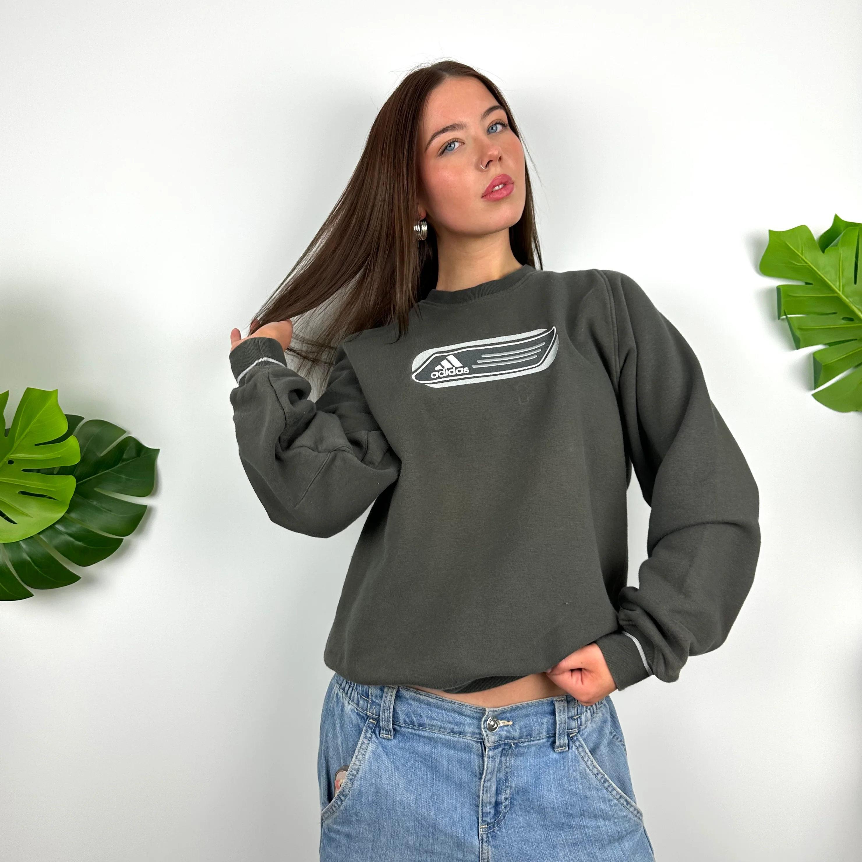 Adidas Grey Embroidered Spell Out Sweatshirt (M)