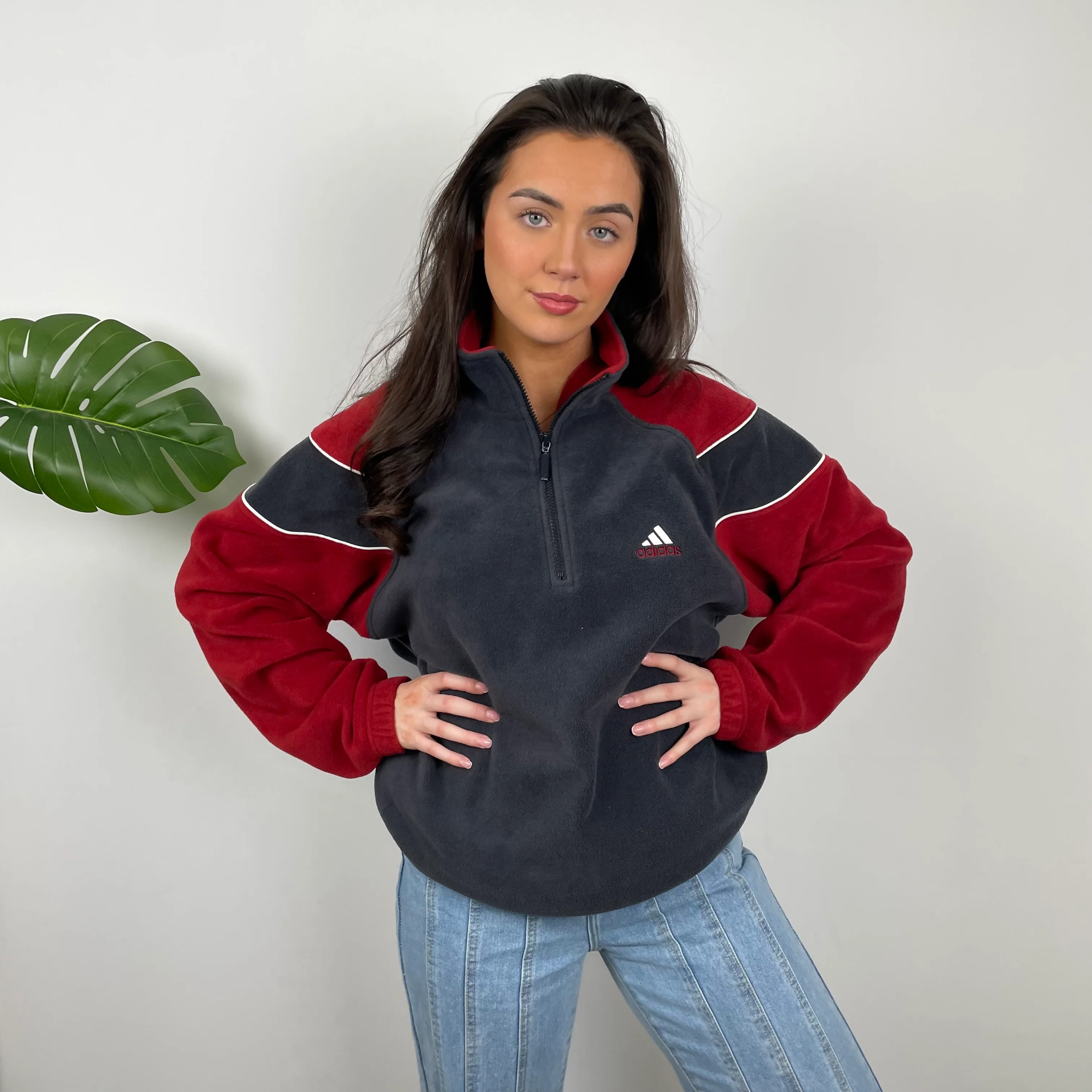 Adidas Grey Embroidered Spell Out Teddy Bear Fleece Quarter Zip Sweatshirt (XL) - Image 2