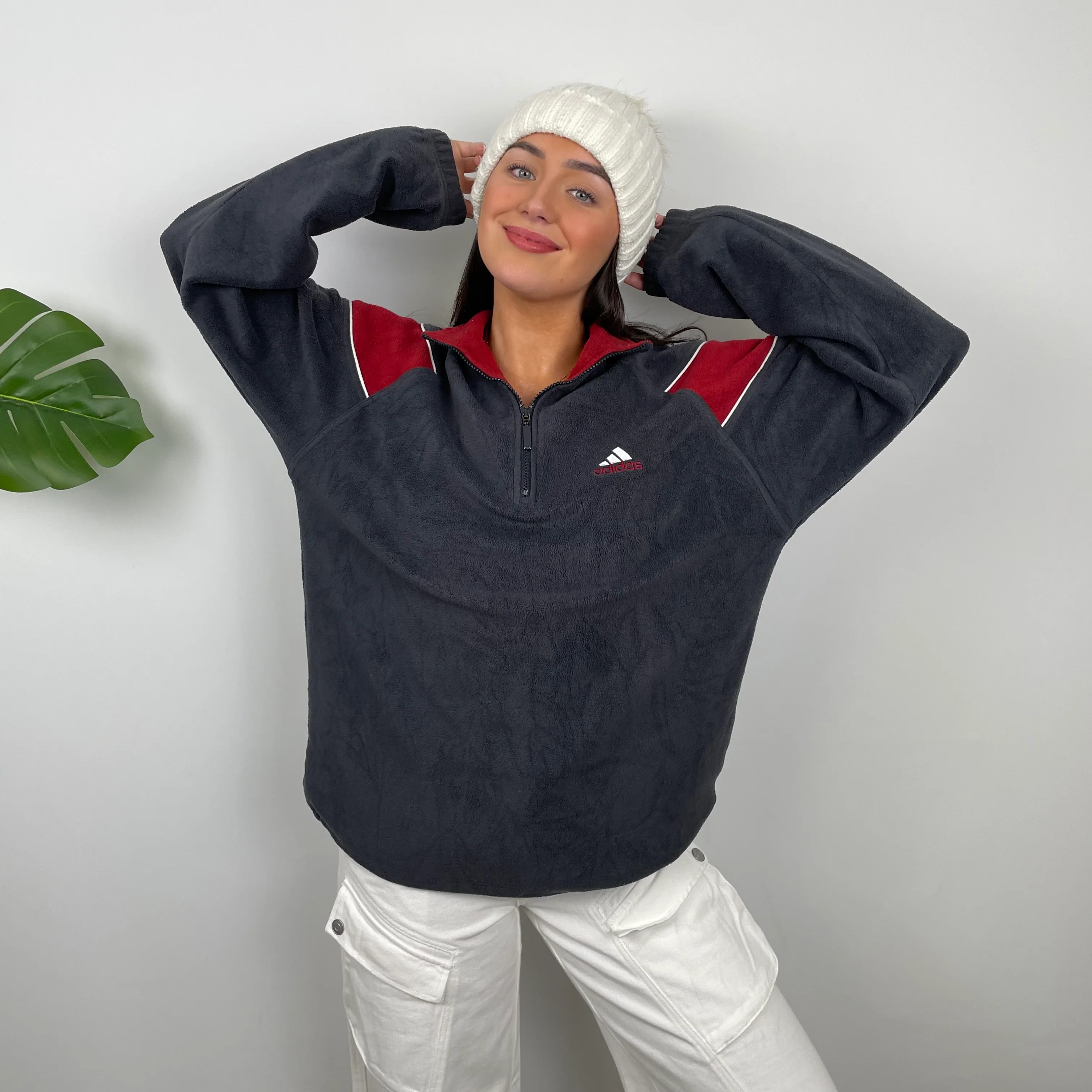 Adidas Grey Embroidered Spell Out Teddy Bear Fleece Quarter Zip Sweatshirt (XL) - Image 3
