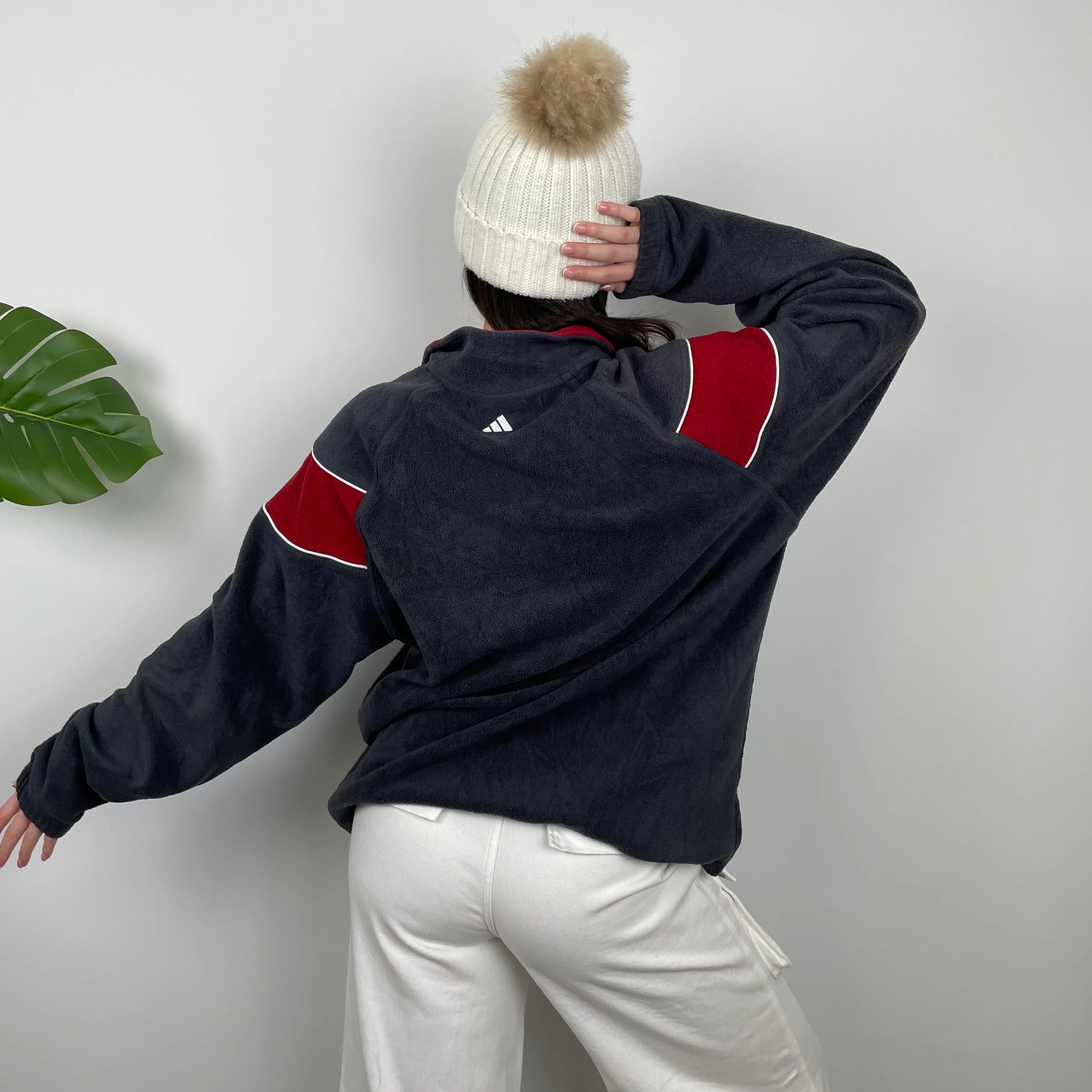 Adidas Grey Embroidered Spell Out Teddy Bear Fleece Quarter Zip Sweatshirt (XL) - Image 5