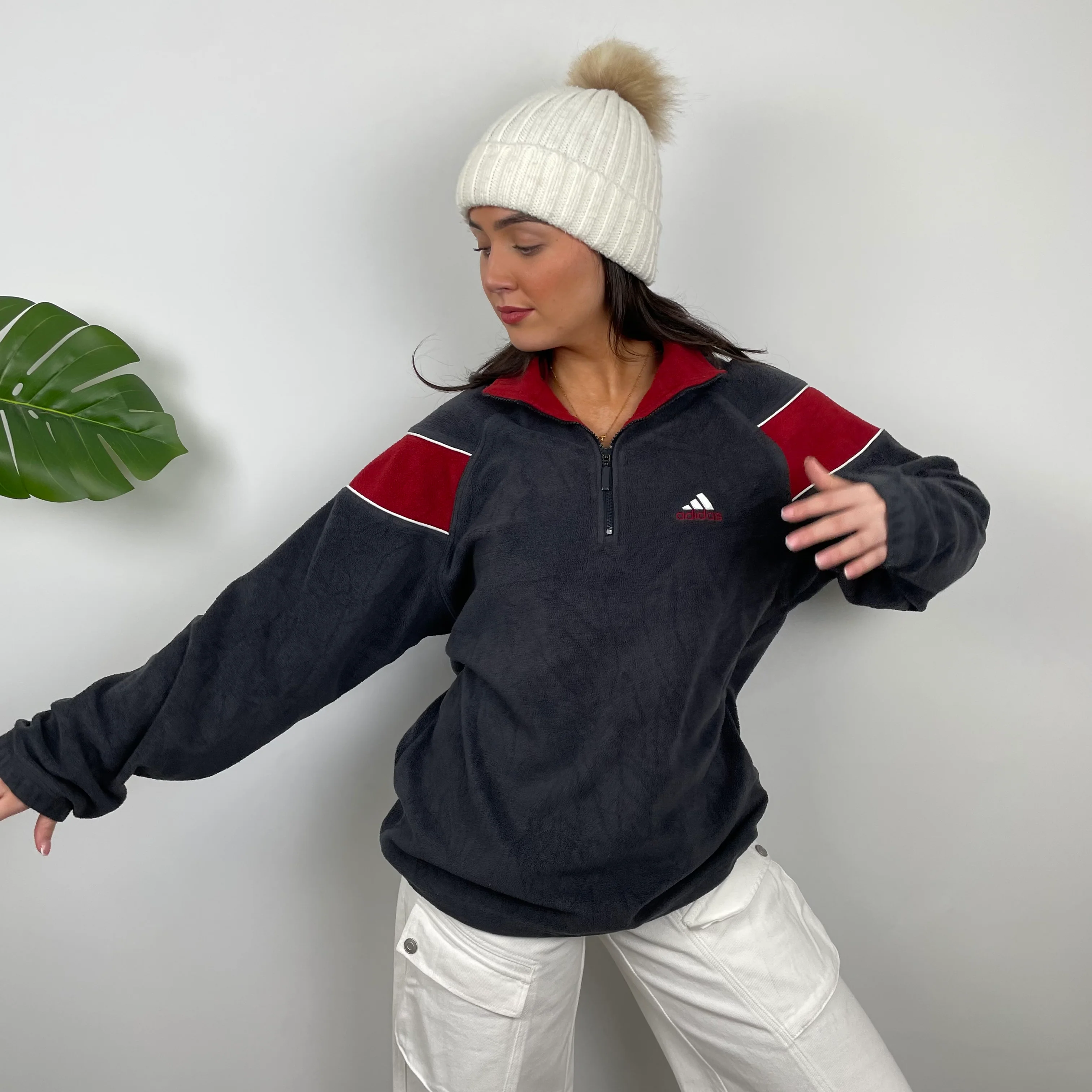 Adidas Grey Embroidered Spell Out Teddy Bear Fleece Quarter Zip Sweatshirt (XL) - Image 7