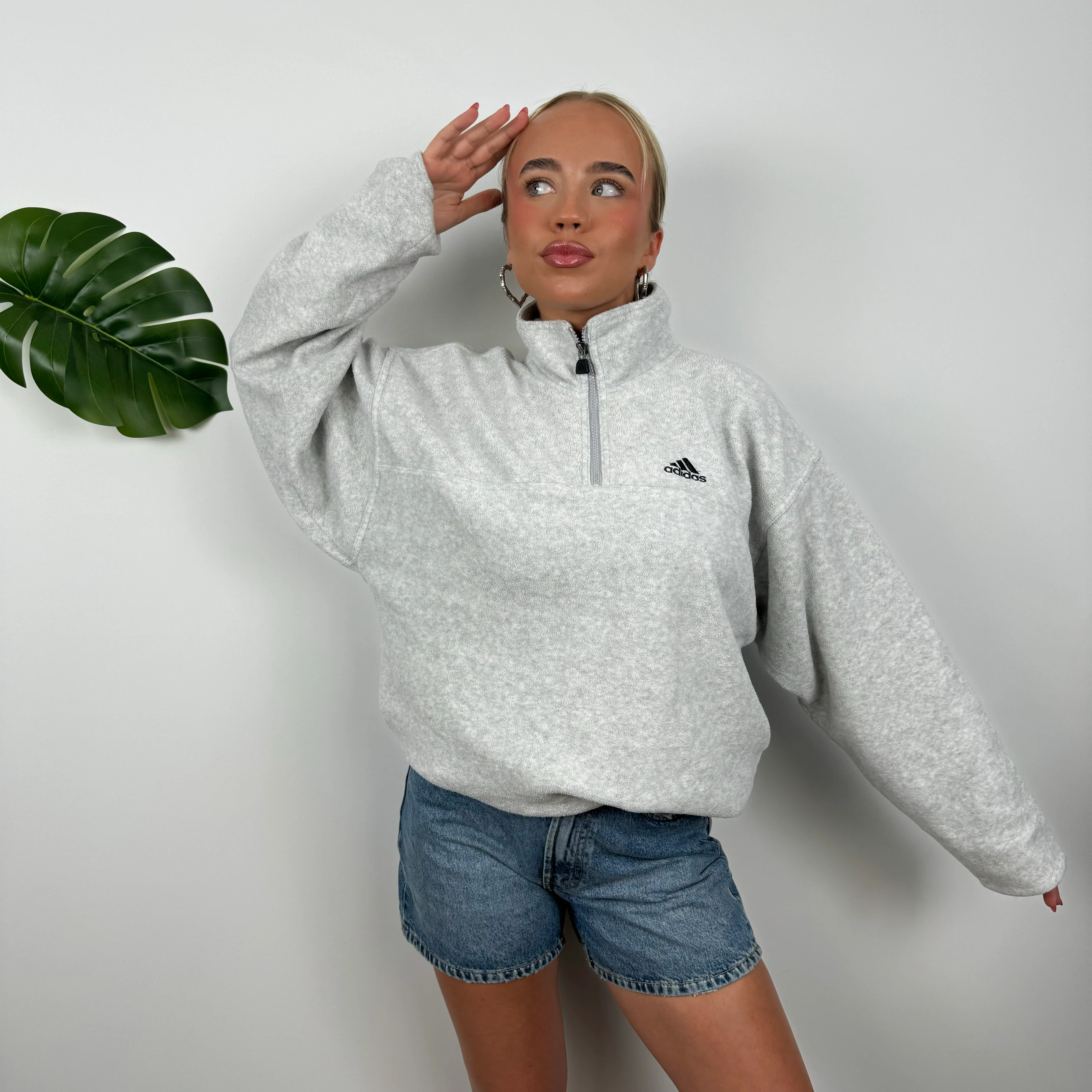 Adidas Grey Embroidered Spell Out Teddy Bear Fleece Quarter Zip Sweatshirt (L) - Image 2