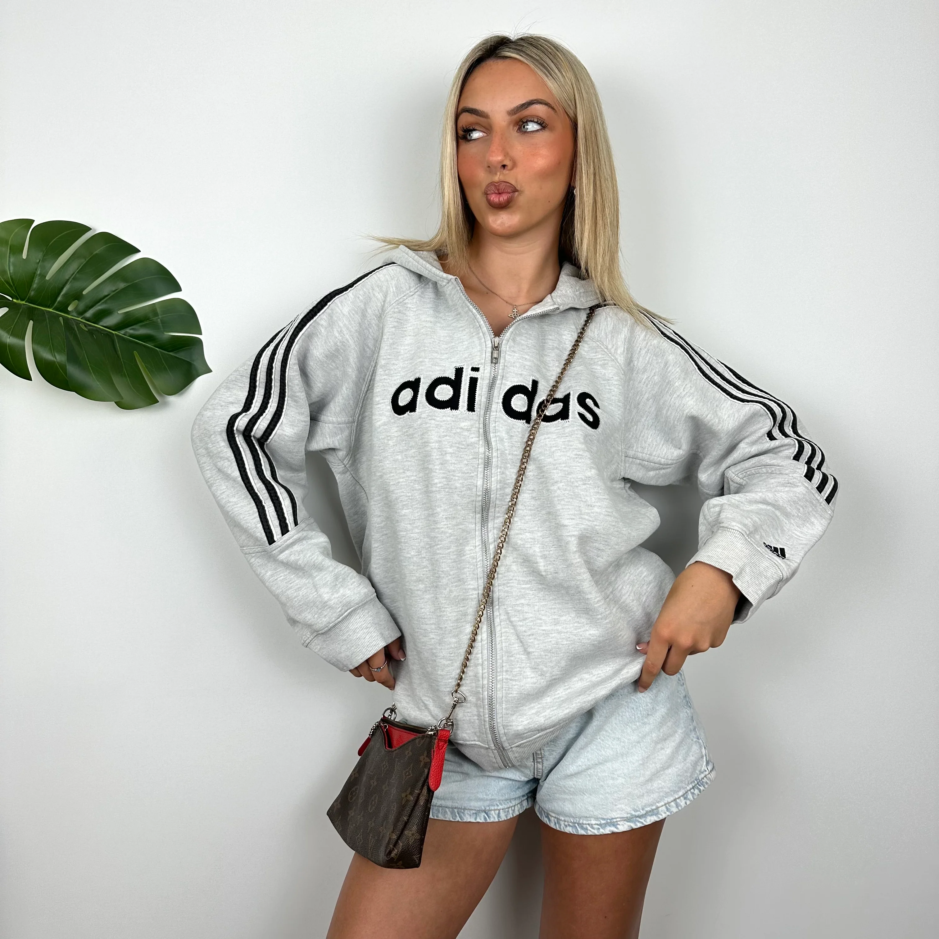 Adidas Grey Embroidered Spell Out Zip Up Hoodie Jacket (M) - Image 4