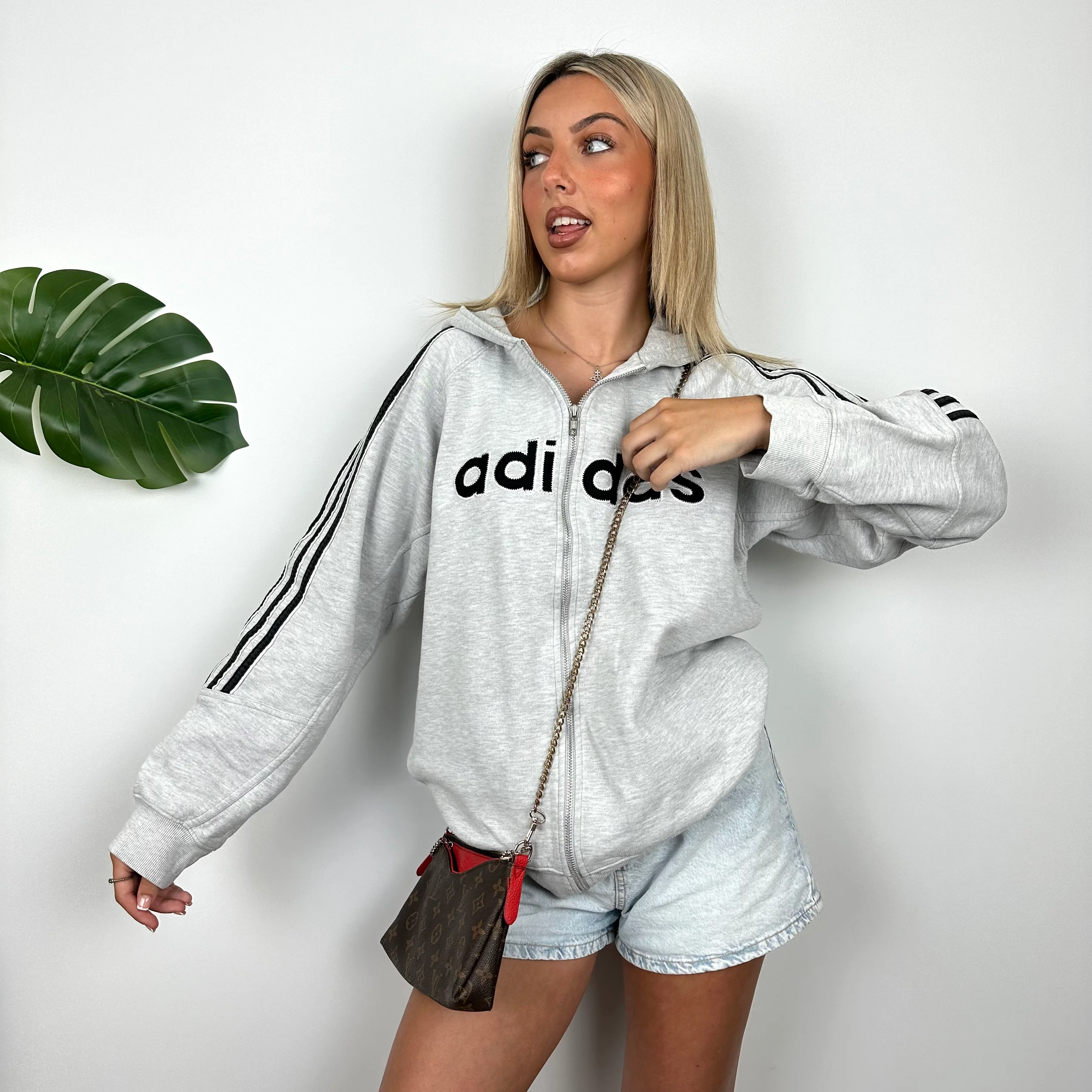 Adidas Grey Embroidered Spell Out Zip Up Hoodie Jacket (M) - Image 5