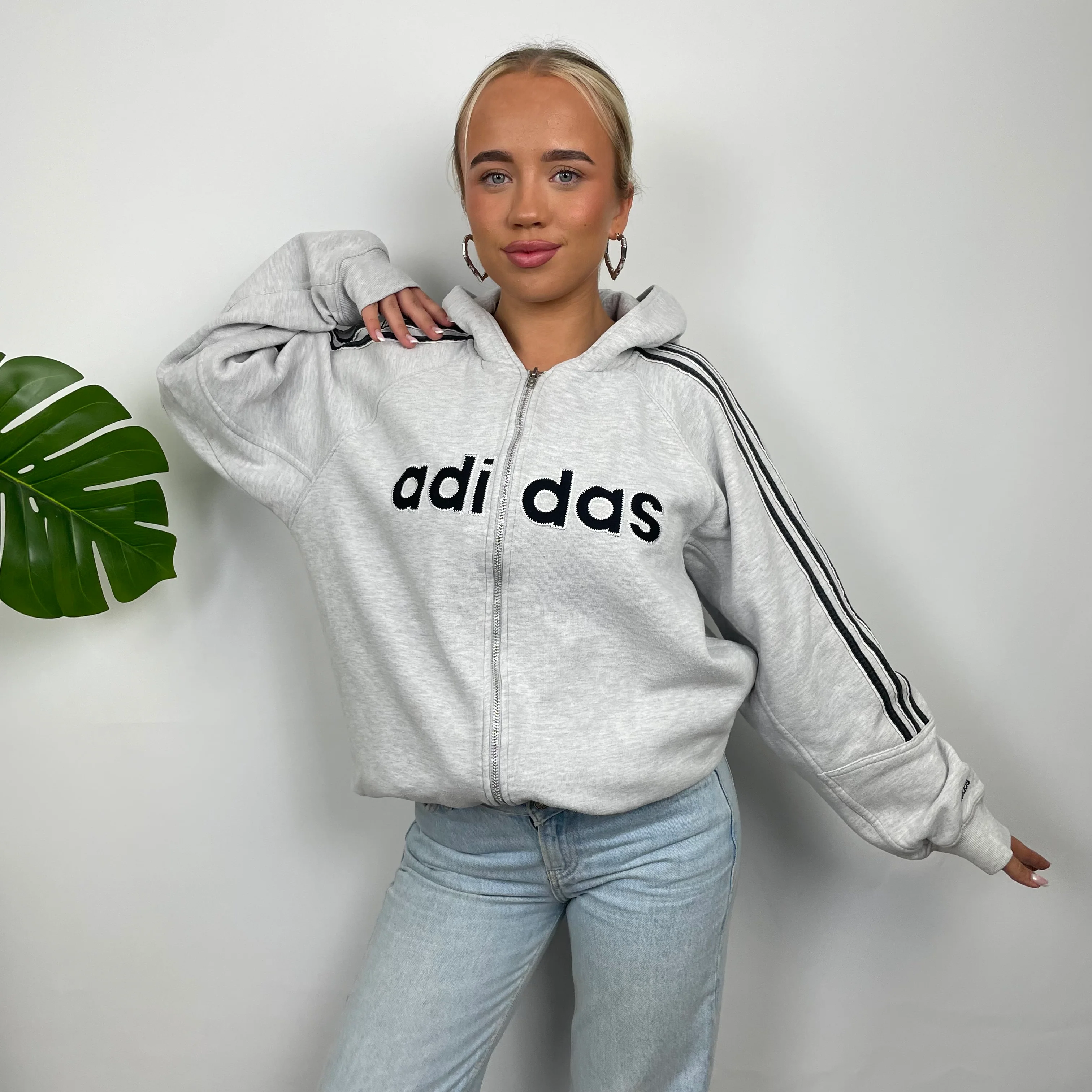 Adidas Grey Embroidered Spell Out Zip Up Hoodie Jacket (M) - Image 6