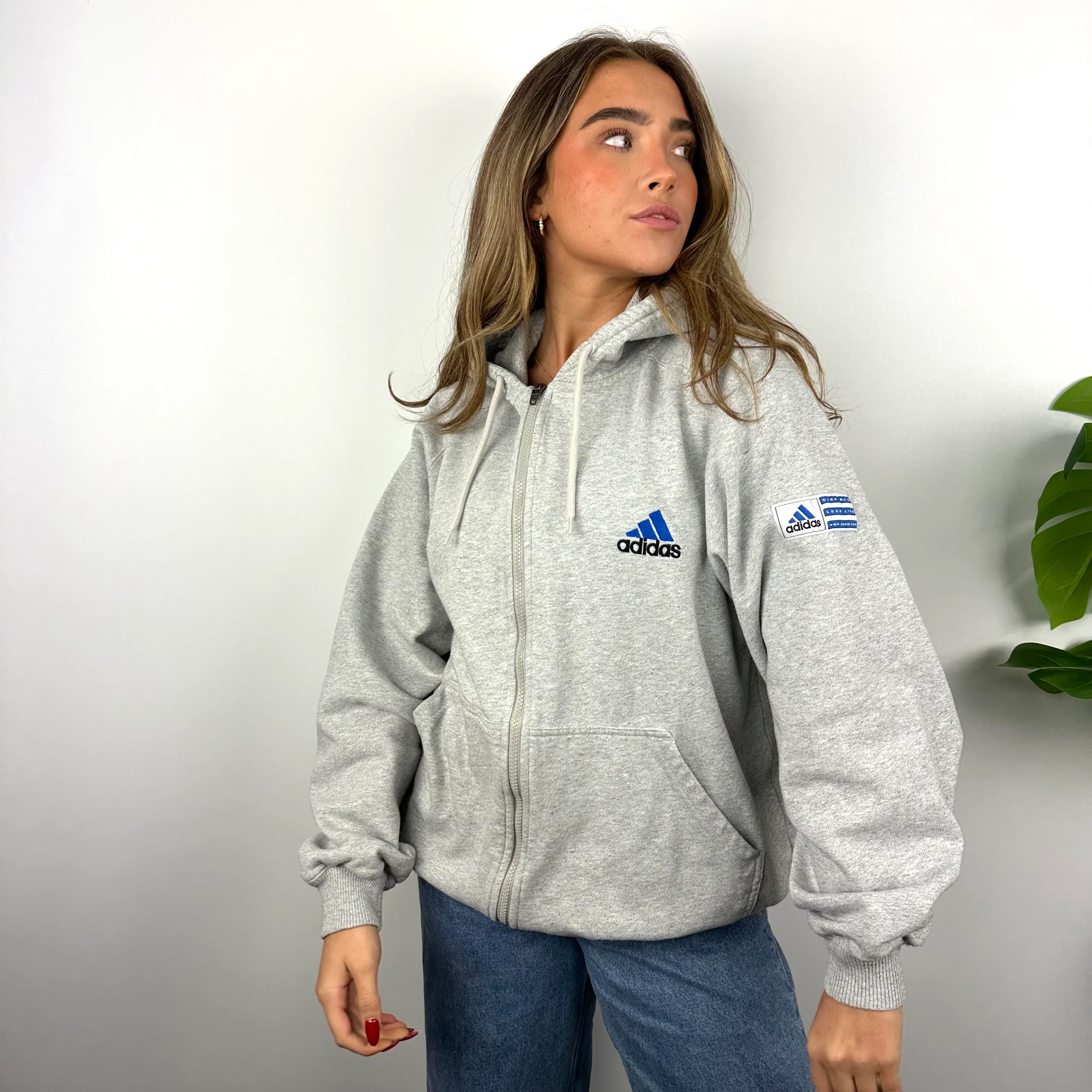 Adidas Grey Embroidered Spell Out Zip Up Hoodie Jacket (L) - Image 5