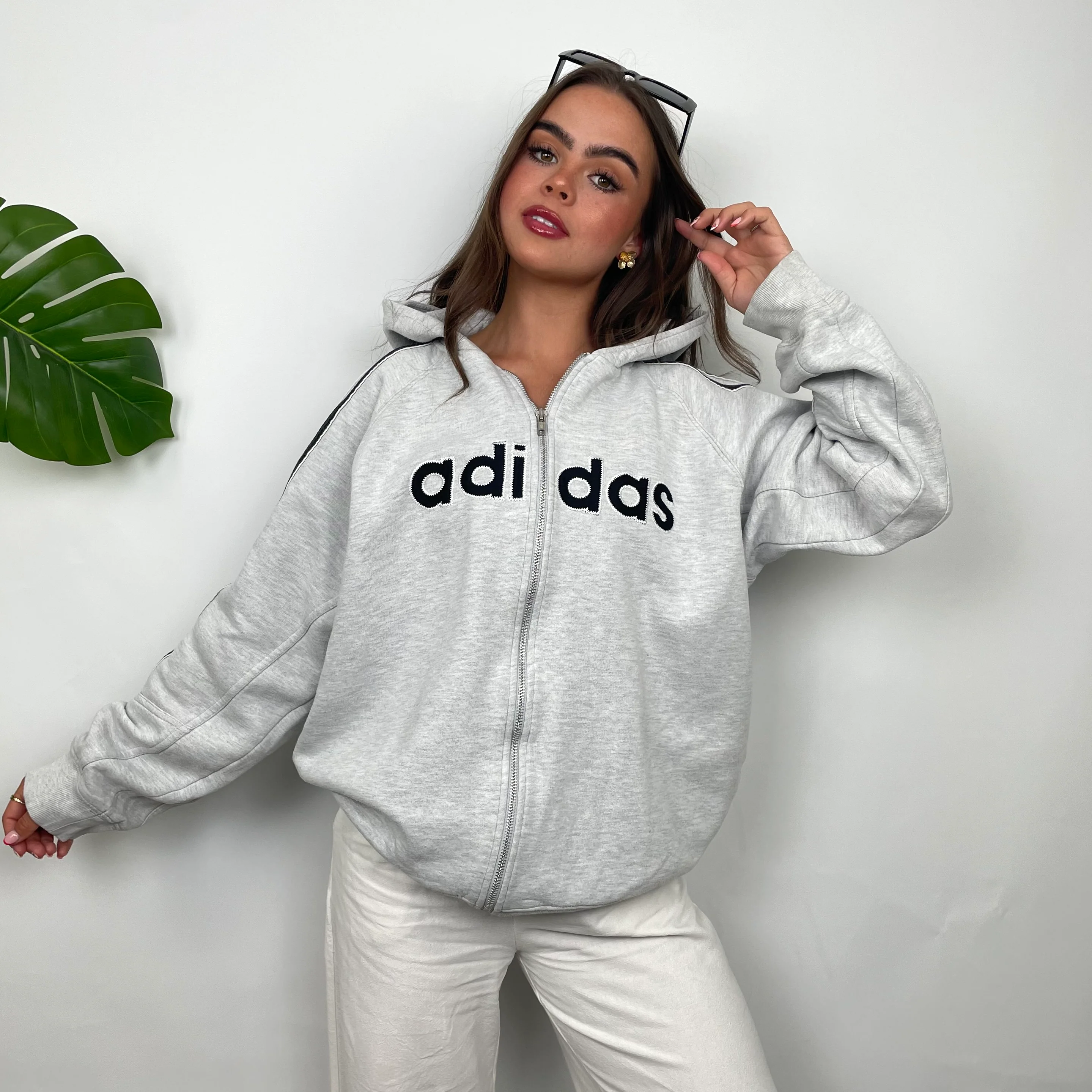 Adidas Grey Embroidered Spell Out Zip Up Hoodie Jacket (M) - Image 6