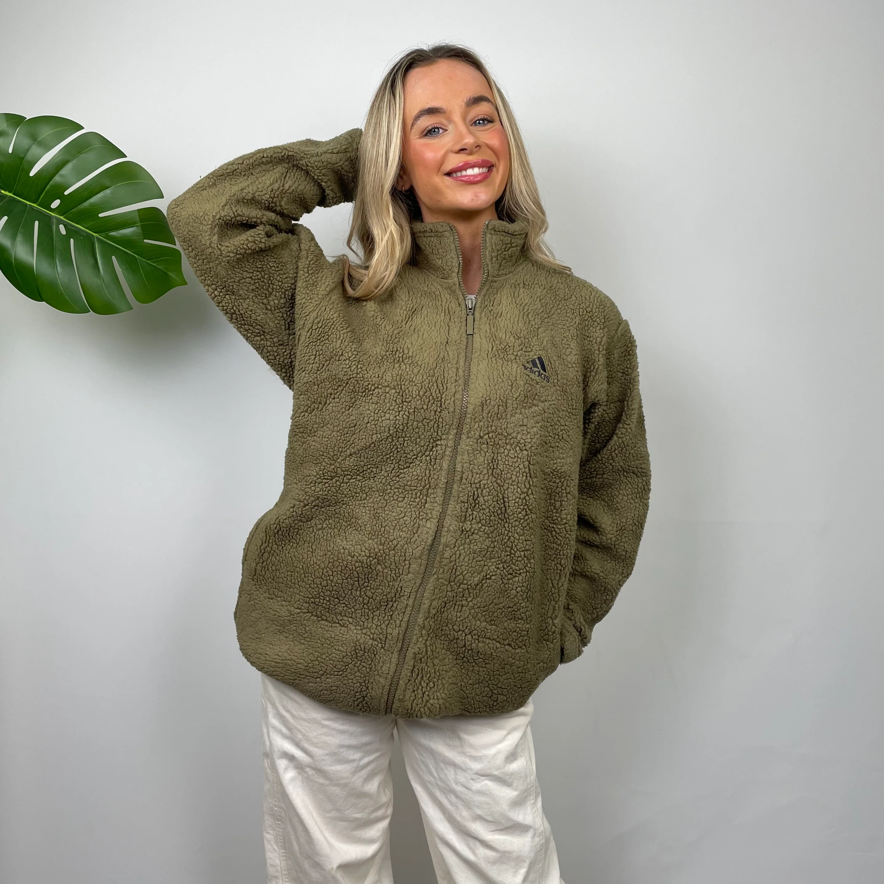 Adidas Khaki Embroidered Spell Out Teddy Bear Fleece Zip Up Jacket (M) - Image 4