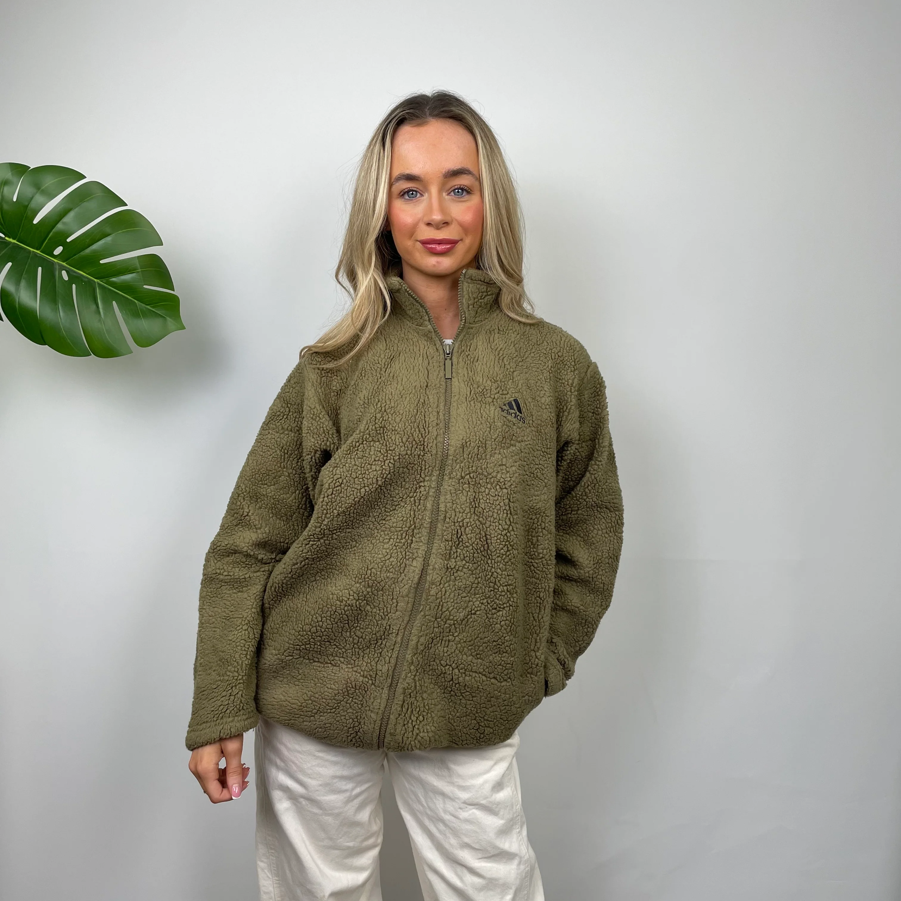 Adidas Khaki Embroidered Spell Out Teddy Bear Fleece Zip Up Jacket (M) - Image 5