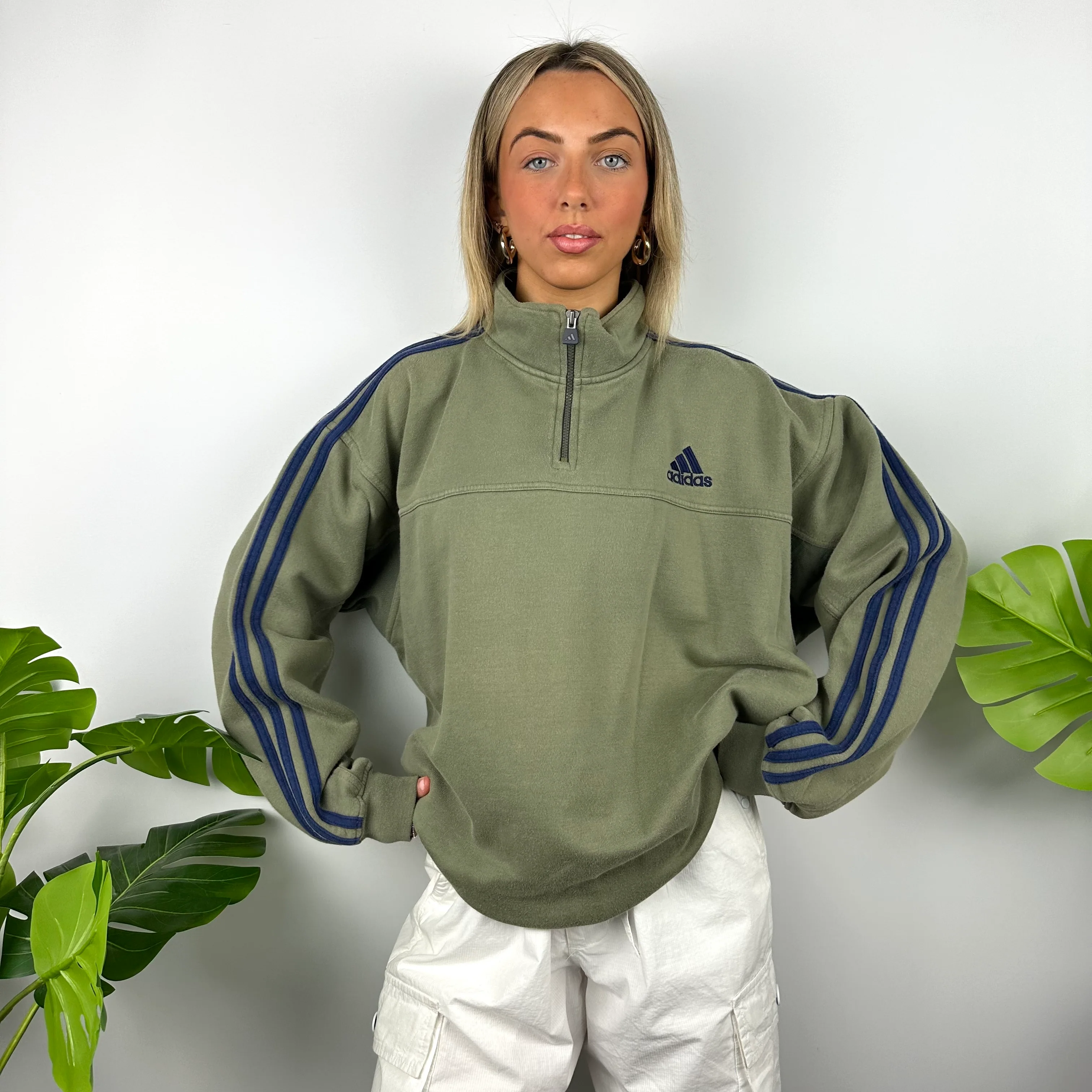 Adidas Khaki Green Embroidered Spell Out Quarter Zip Sweatshirt (XL)