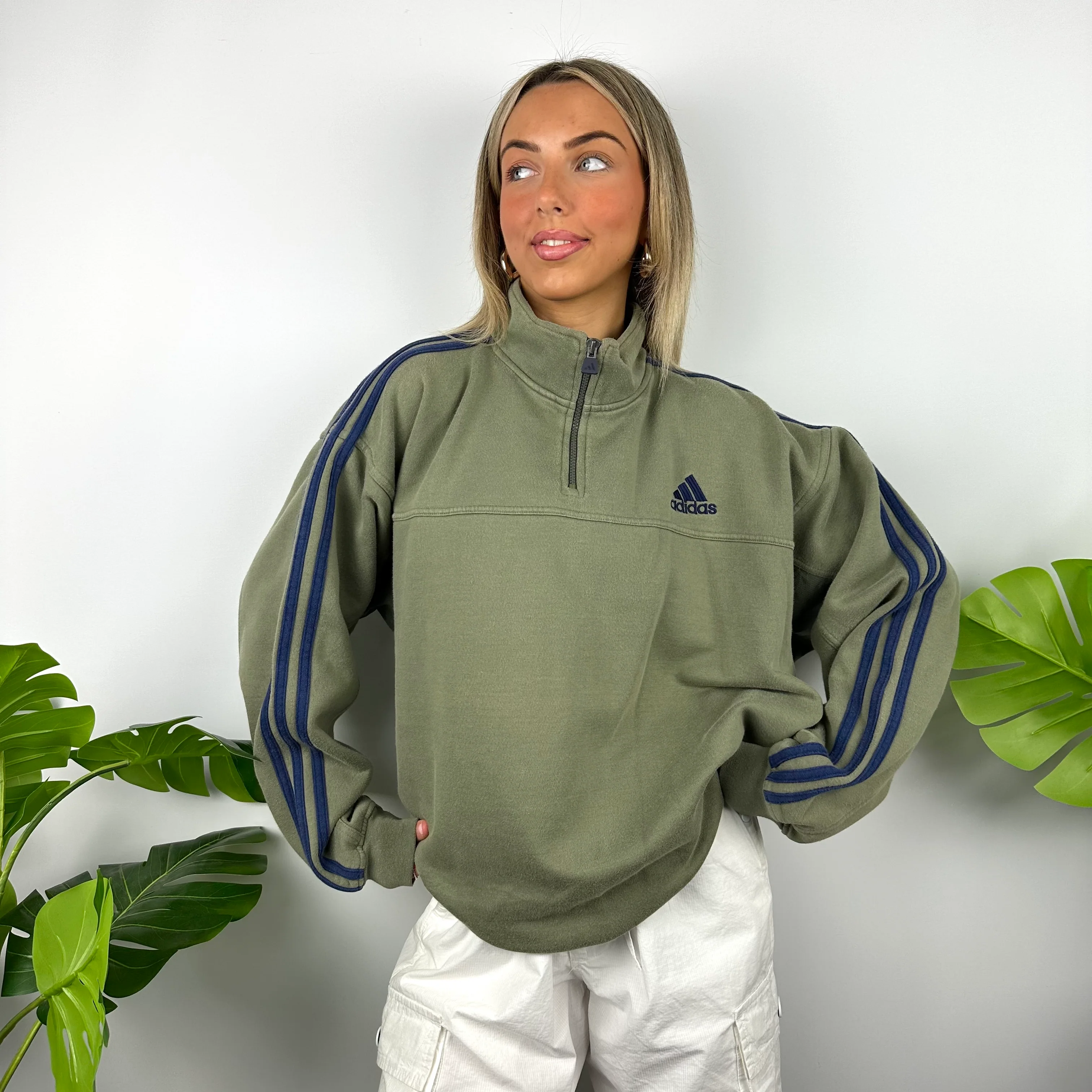 Adidas Khaki Green Embroidered Spell Out Quarter Zip Sweatshirt (XL) - Image 6