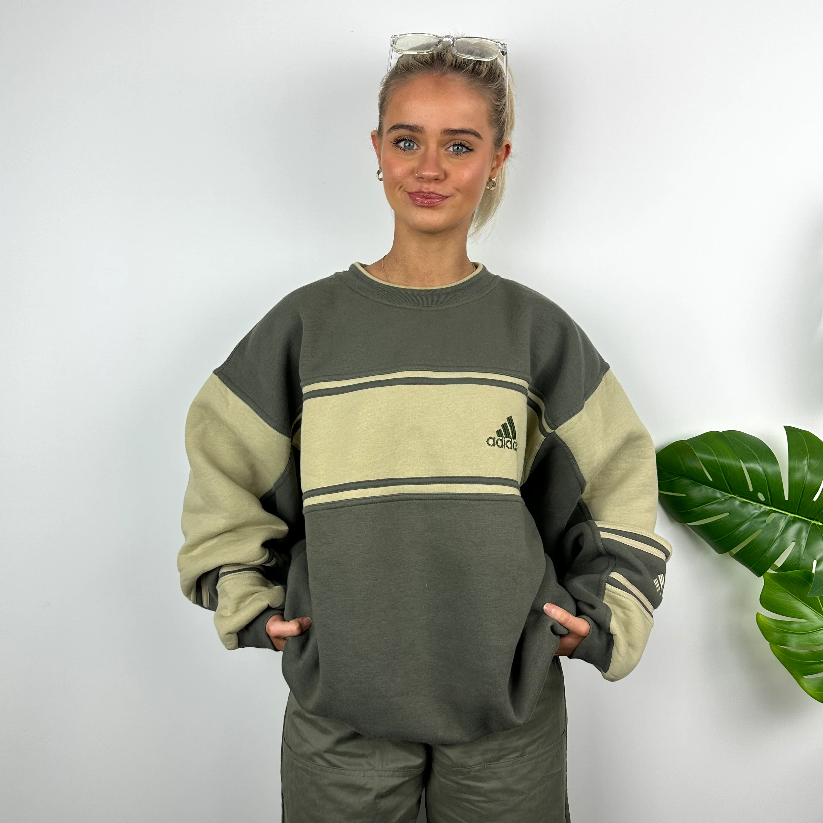 Adidas Khaki Green Embroidered Spell Out Sweatshirt (L) - Image 2