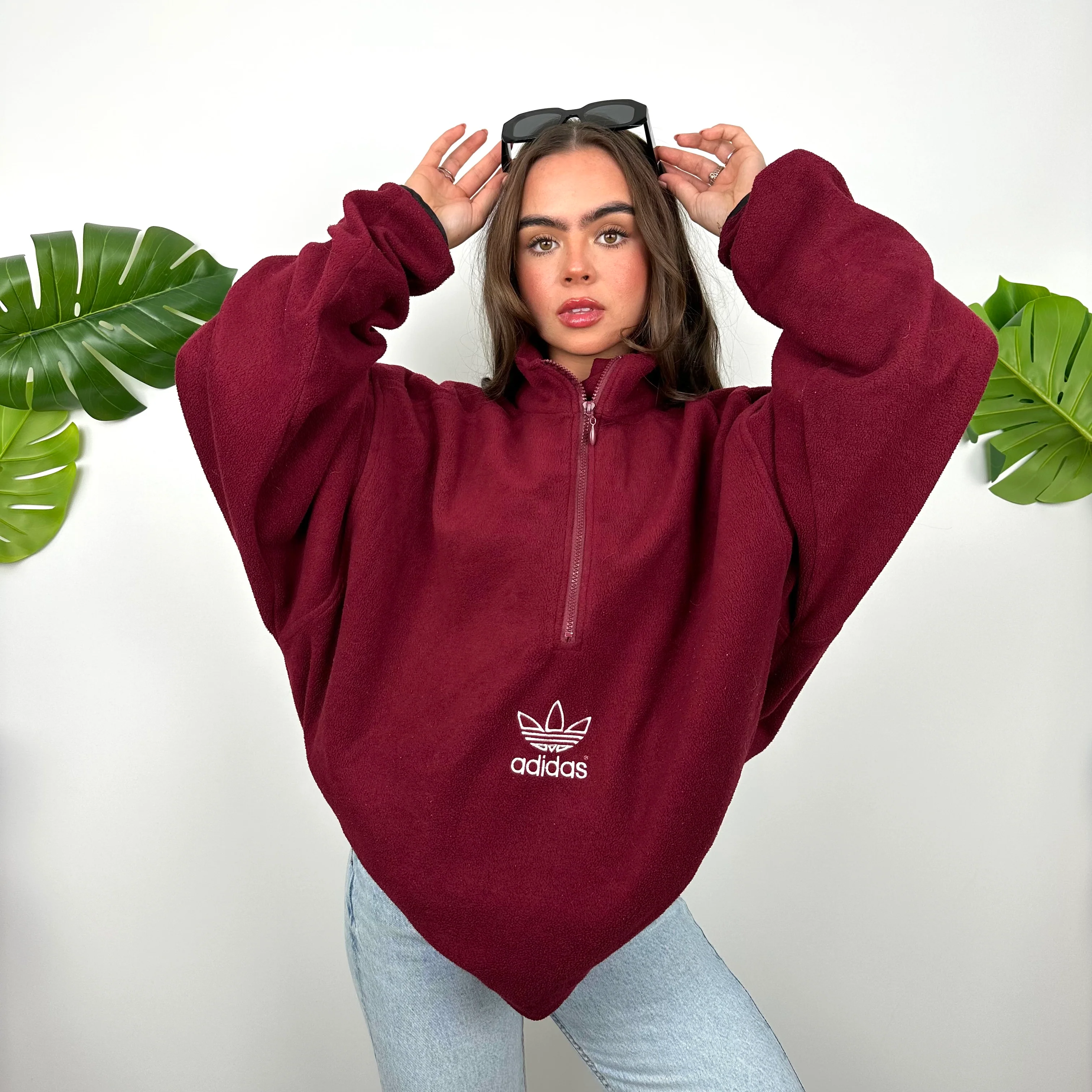Adidas Maroon Embroidered Spell Out Teddy Bear Fleece Quarter Zip Sweatshirt (XXL) - Image 3