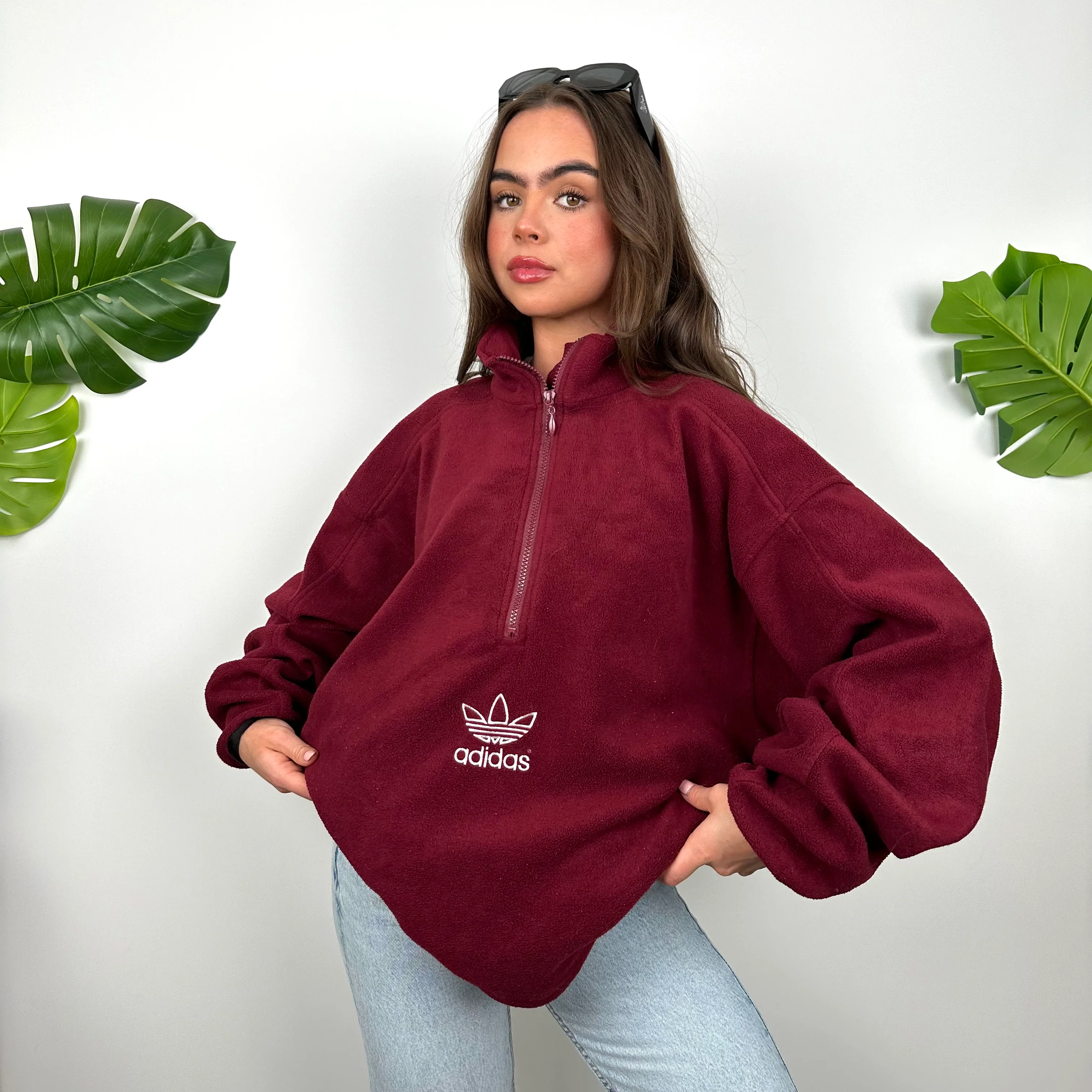 Adidas Maroon Embroidered Spell Out Teddy Bear Fleece Quarter Zip Sweatshirt (XXL) - Image 4