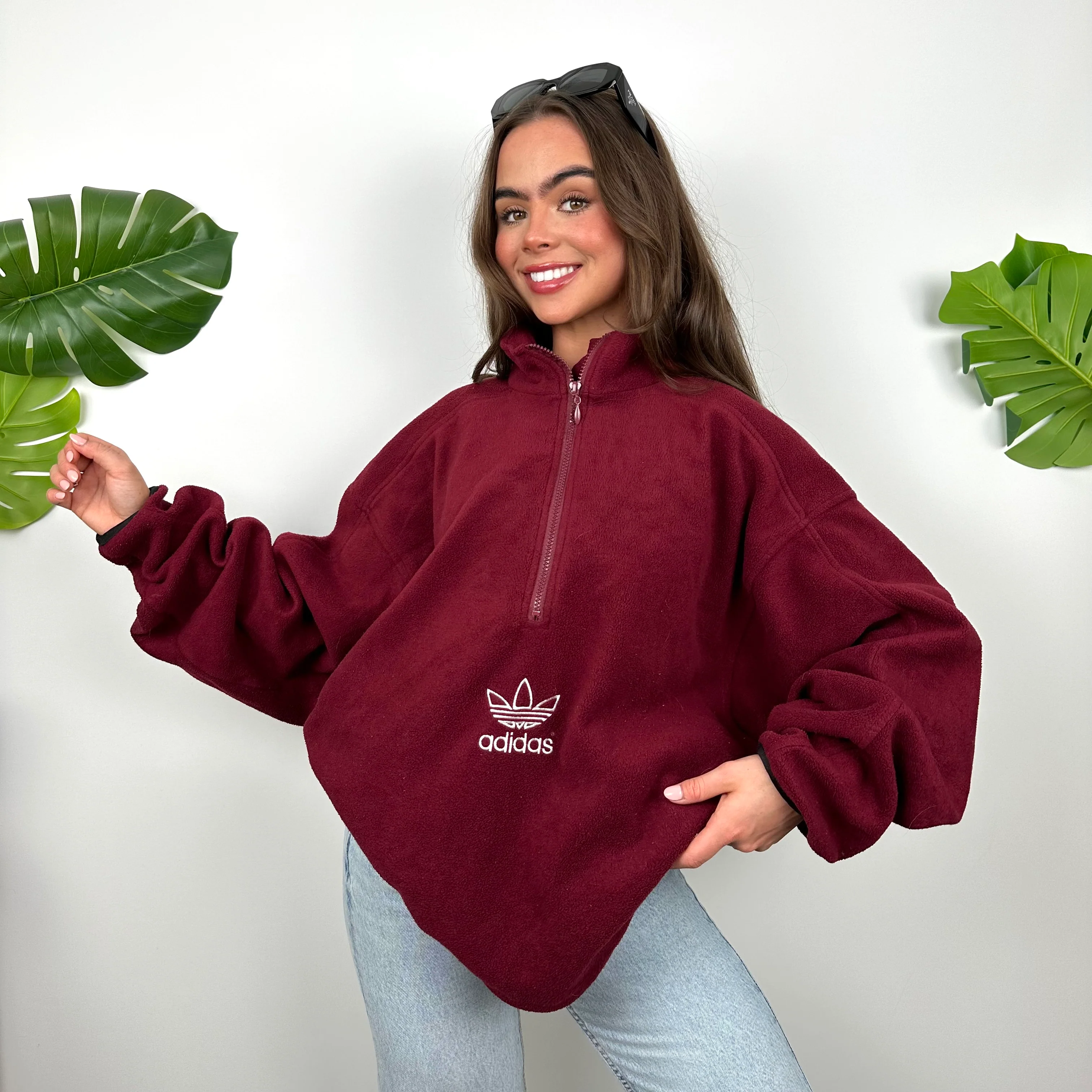 Adidas Maroon Embroidered Spell Out Teddy Bear Fleece Quarter Zip Sweatshirt (XXL) - Image 5