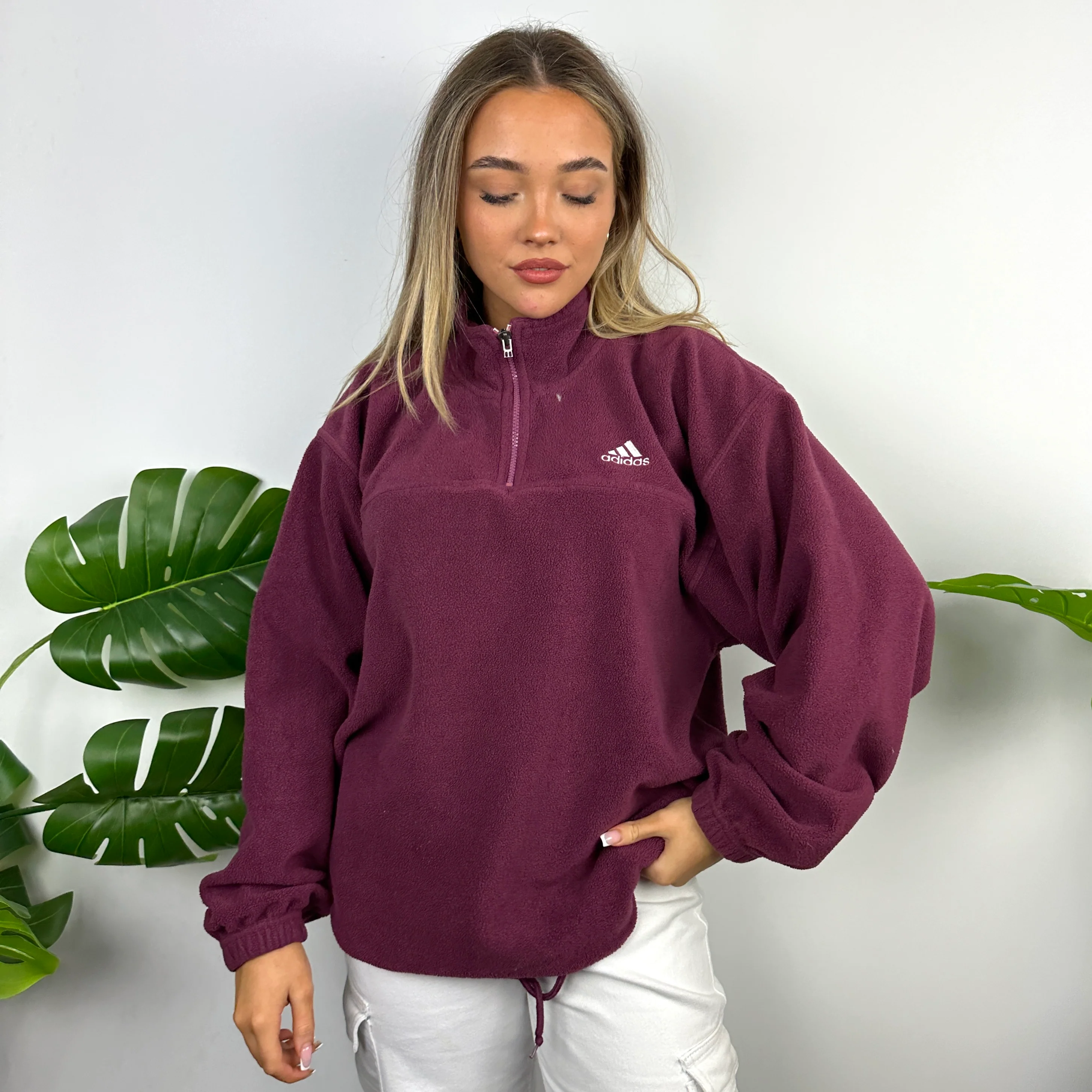 Adidas Maroon Embroidered Spell Out Teddy Bear Fleece Quarter Zip Sweatshirt (M) - Image 4