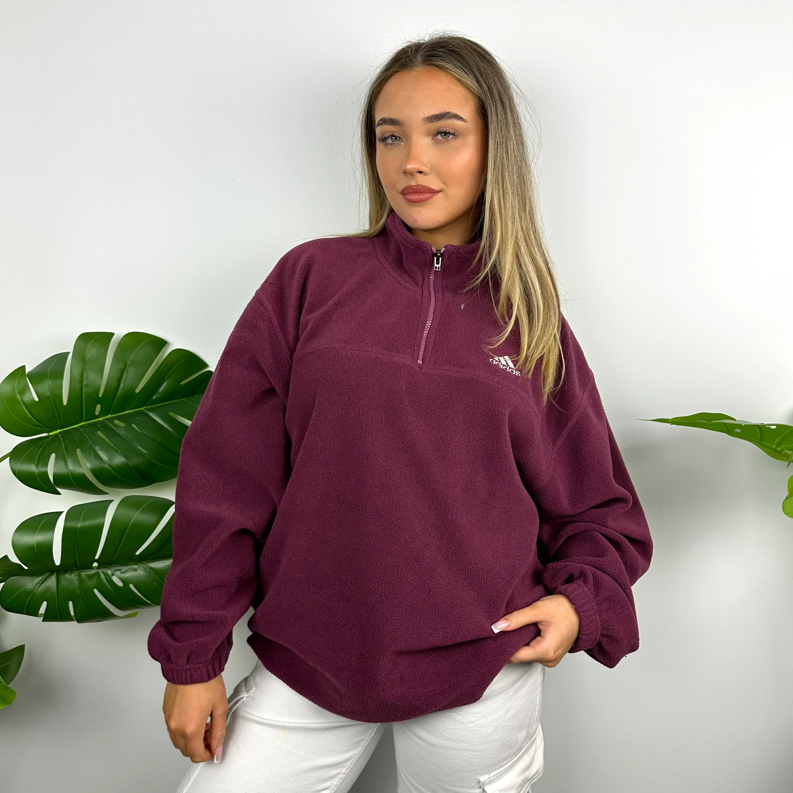 Adidas Maroon Embroidered Spell Out Teddy Bear Fleece Quarter Zip Sweatshirt (M) - Image 6