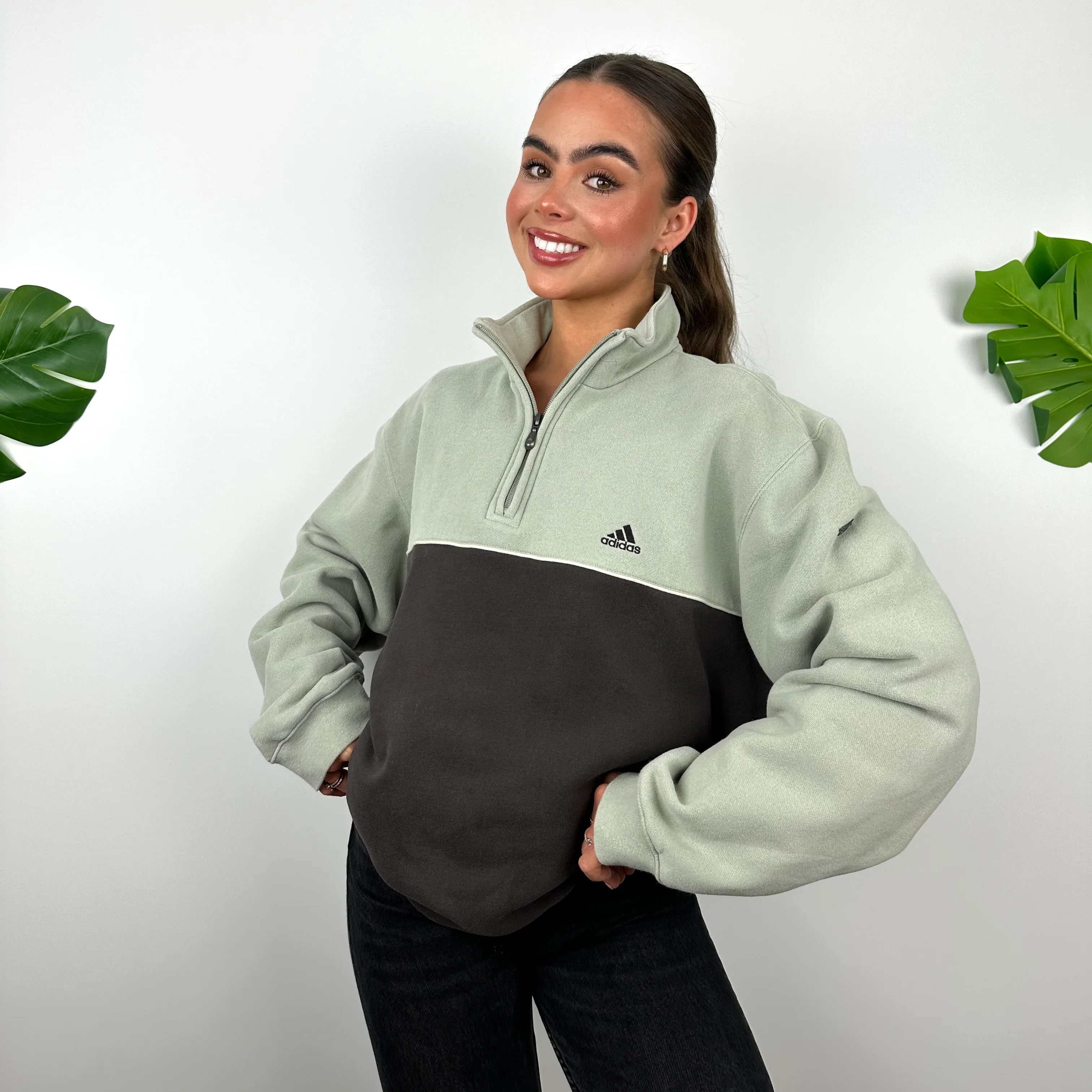 Adidas Mint Green and Brown Embroidered Spell Out Quarter Zip Sweatshirt (L) - Image 2