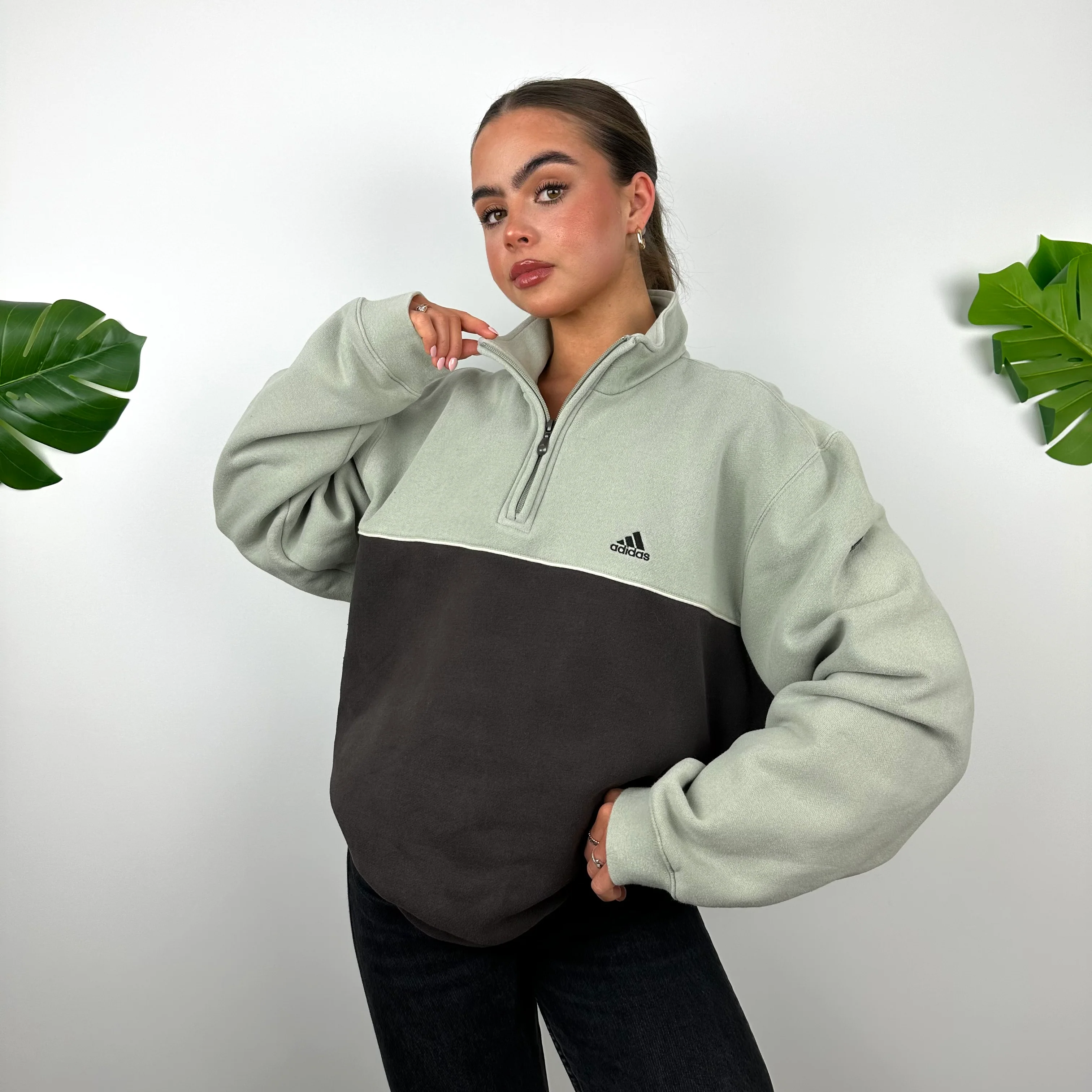Adidas Mint Green and Brown Embroidered Spell Out Quarter Zip Sweatshirt (L) - Image 5