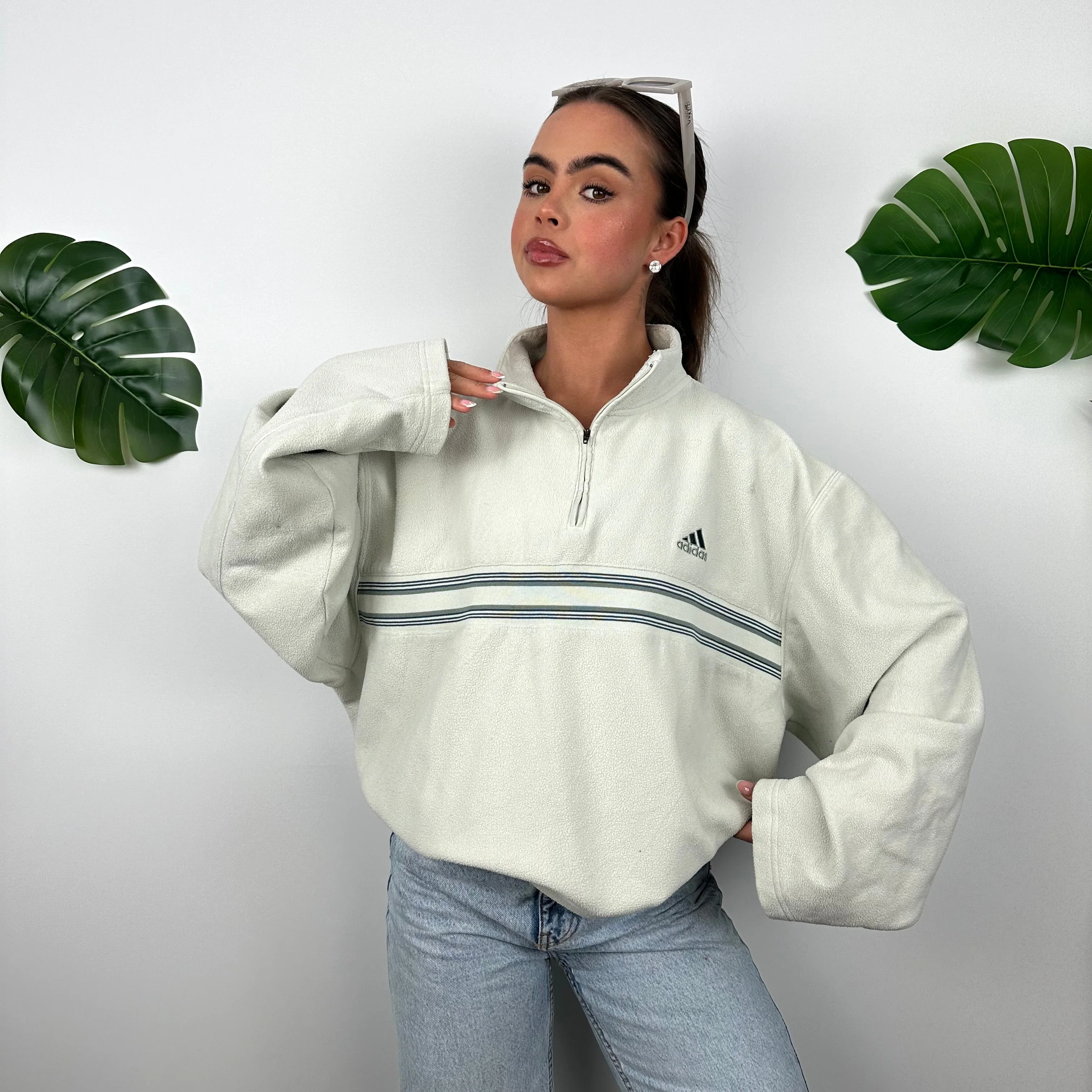Adidas Mint Green Embroidered Spell Out Teddy Bear Fleece Quarter Zip Sweatshirt (XL) - Image 3