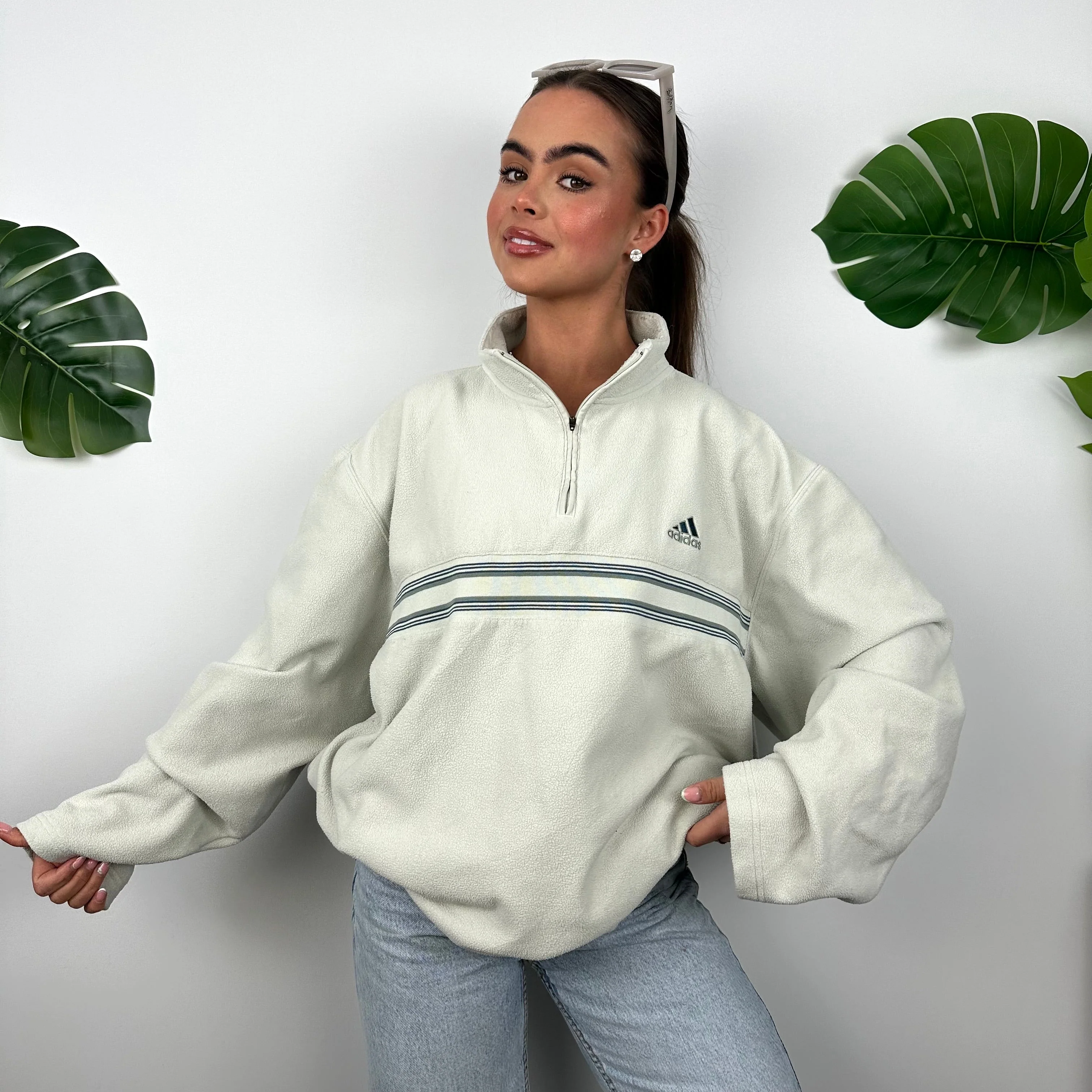 Adidas Mint Green Embroidered Spell Out Teddy Bear Fleece Quarter Zip Sweatshirt (XL) - Image 4