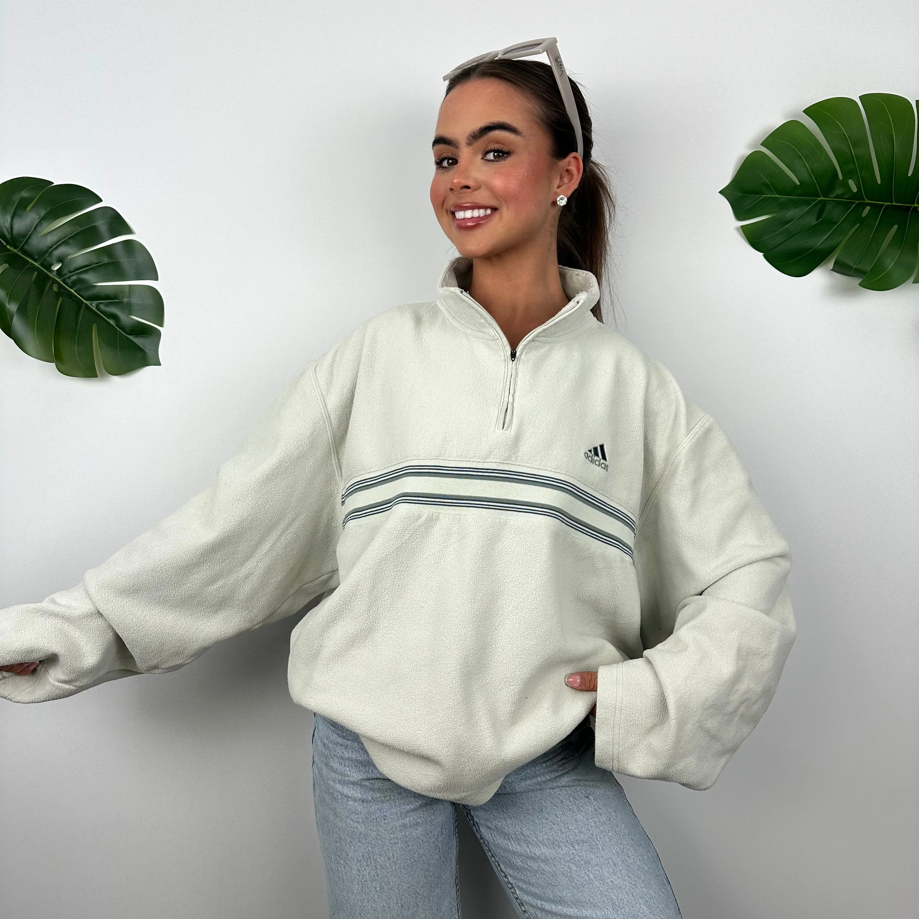 Adidas Mint Green Embroidered Spell Out Teddy Bear Fleece Quarter Zip Sweatshirt (XL) - Image 6