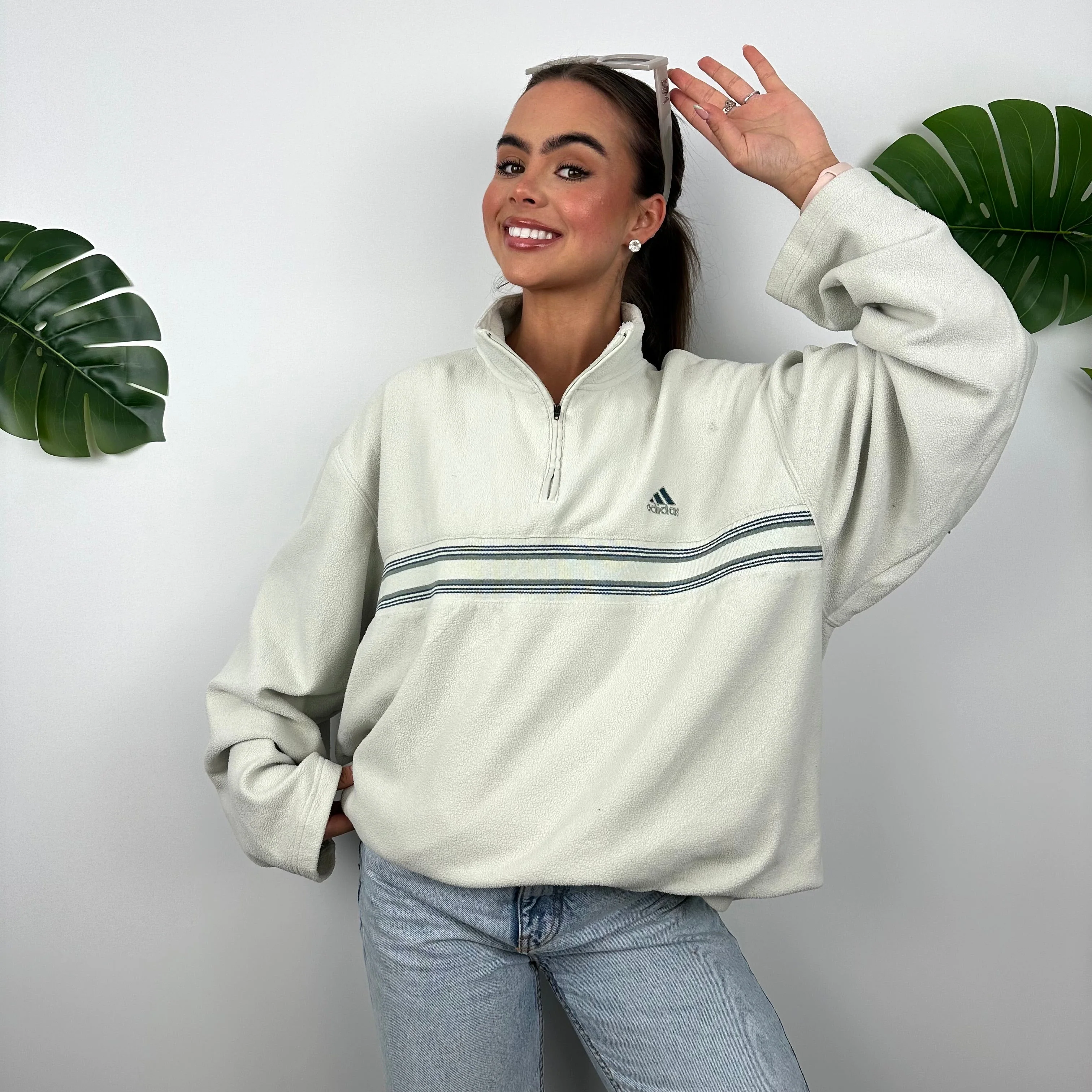 Adidas Mint Green Embroidered Spell Out Teddy Bear Fleece Quarter Zip Sweatshirt (XL) - Image 8