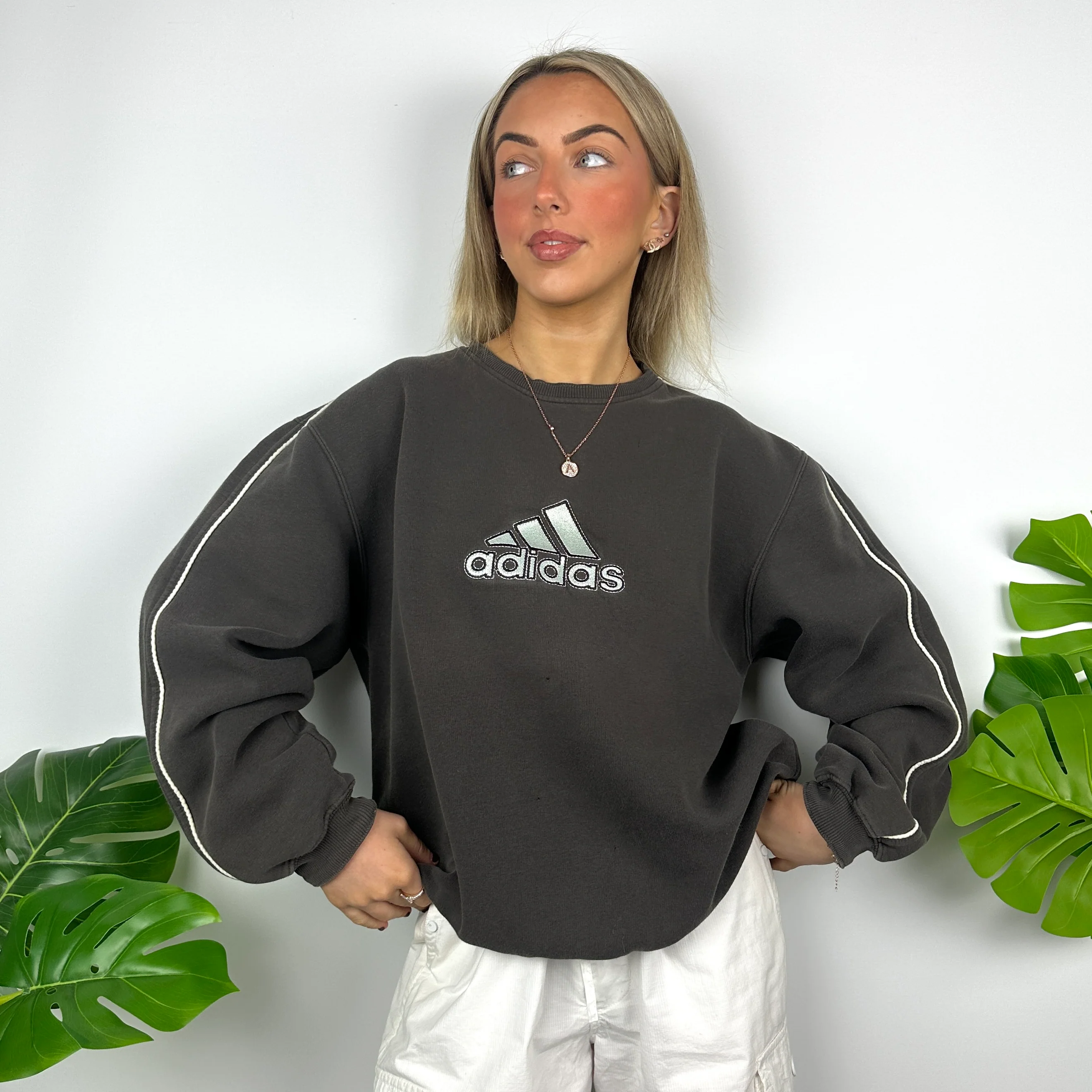 Adidas Mocha Brown Embroidered Spell Out Sweatshirt (M) - Image 3