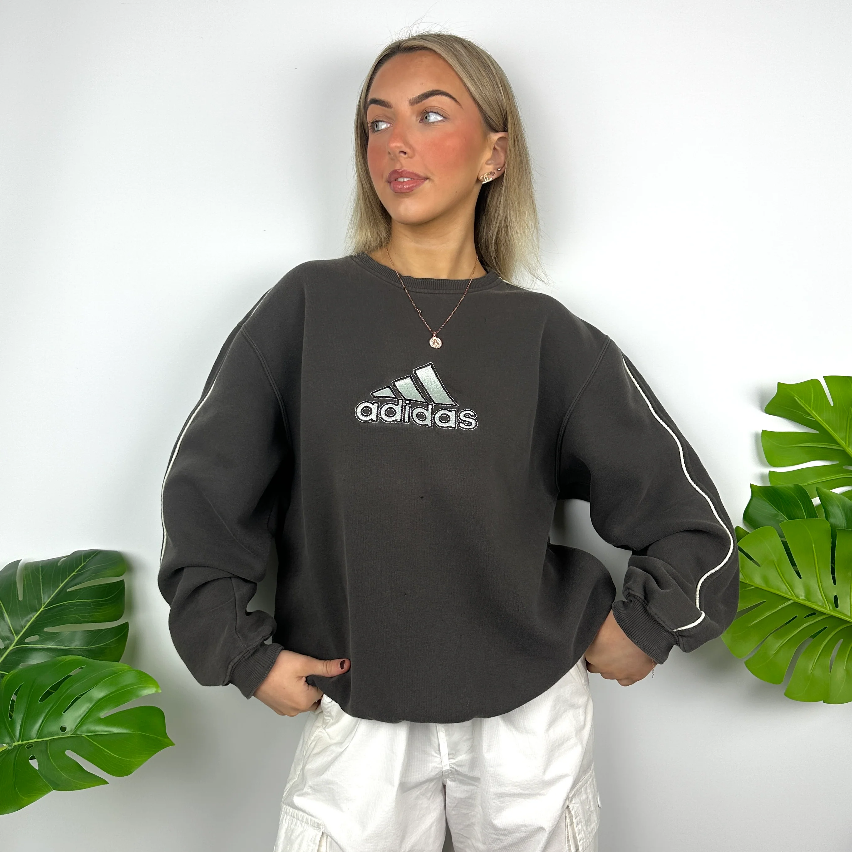 Adidas Mocha Brown Embroidered Spell Out Sweatshirt (M) - Image 7