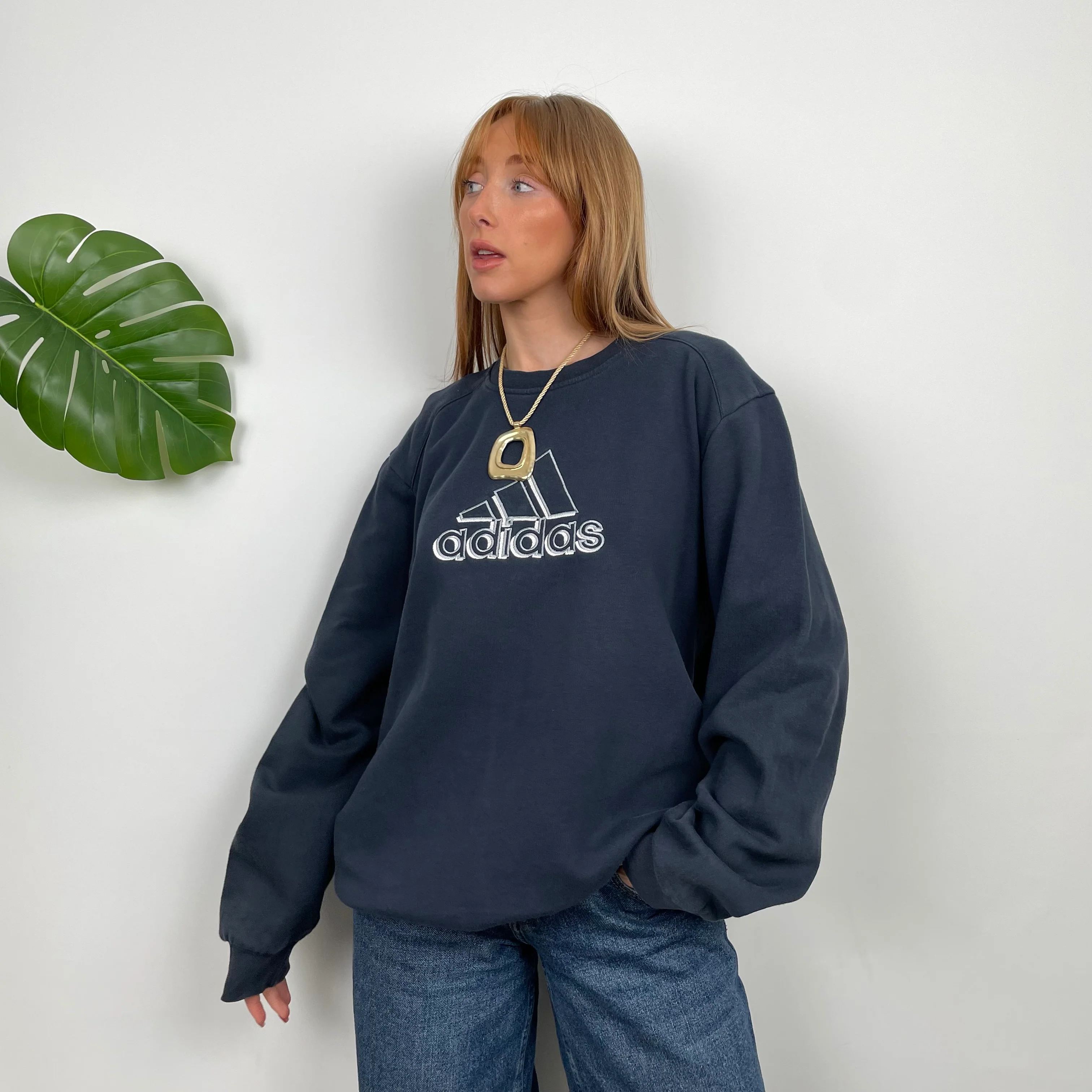 Adidas Navy Embroidered Spell Out Sweatshirt (M)