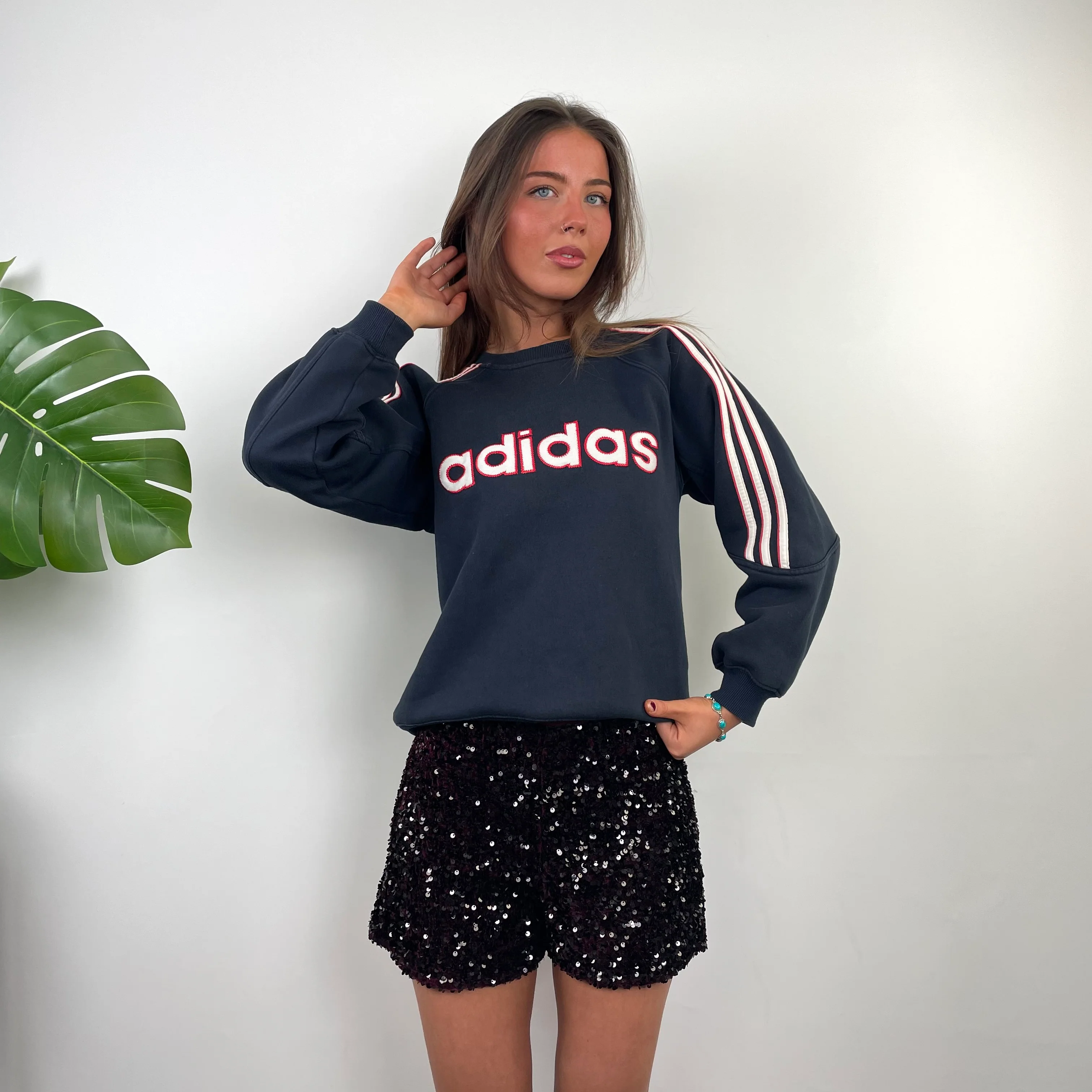 Adidas Navy Embroidered Spell Out Sweatshirt (XS) - Image 3