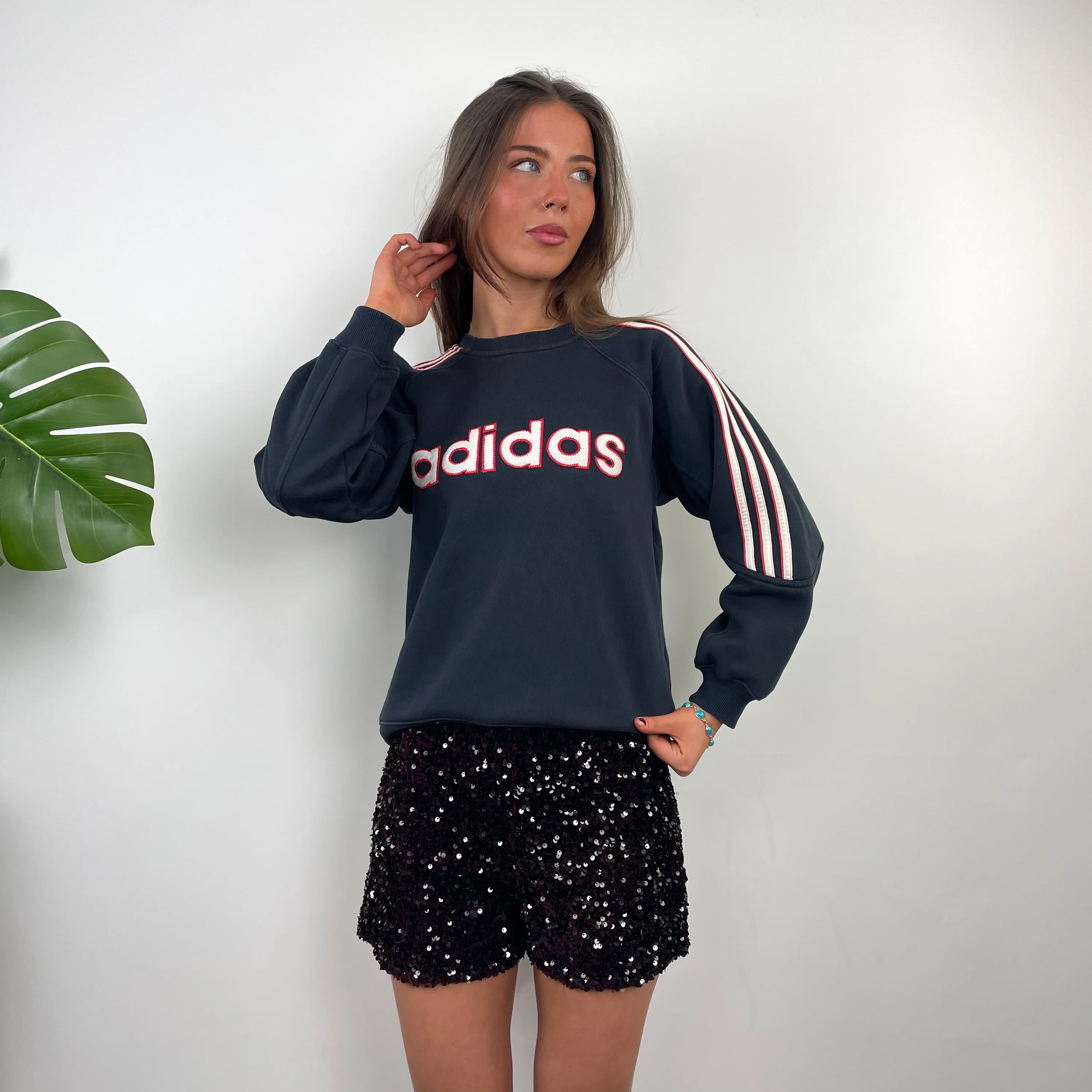 Adidas Navy Embroidered Spell Out Sweatshirt (XS) - Image 4